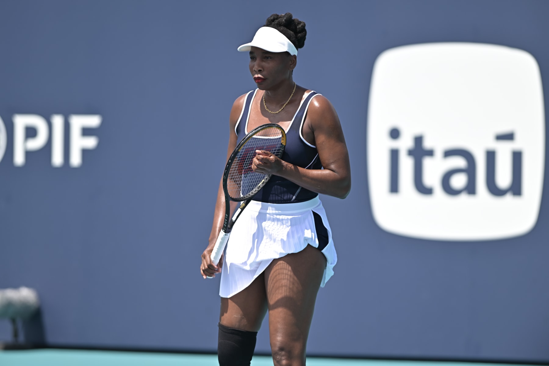 MIAMI GARDENS, FL - MARCH 19: Venus Williams plays in the first match during the Miami Open on March 19, 2024, at Hard Rock Stadium in Miami Gardens, FL. (Photo by Michele Eve Sandberg/Icon Sportswire via Getty Images)