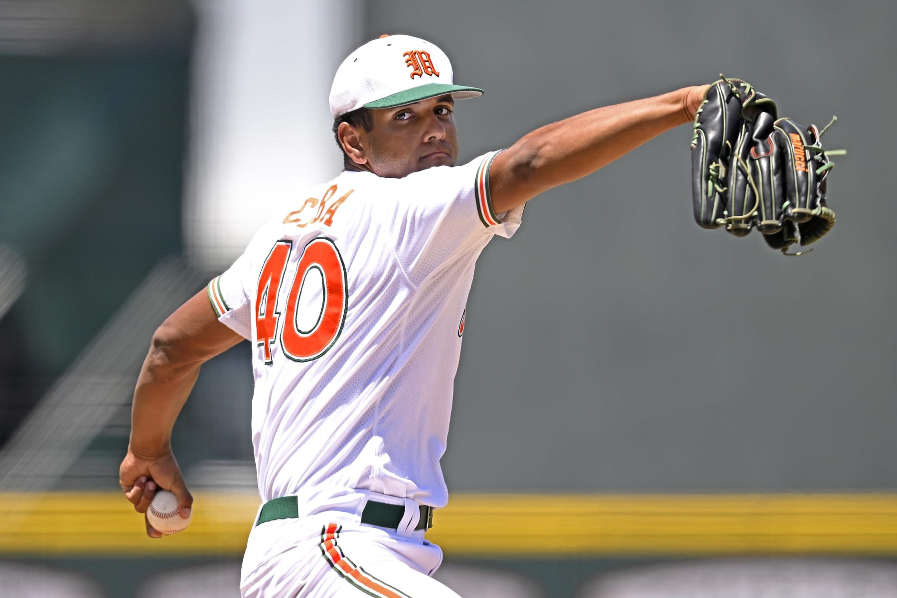 CORAL GABLES, FL - MAY 04: Miami left-handed pitcher Myles Caba (40) pitches in relief in the eighth inning as the Miami Hurricanes faced the BYU Cougars on May 4, 2024, at Mark Light Field at Alex Rodriguez Park in Coral Gables, Florida. (Photo by Samuel Lewis/Icon Sportswire via Getty Images)
