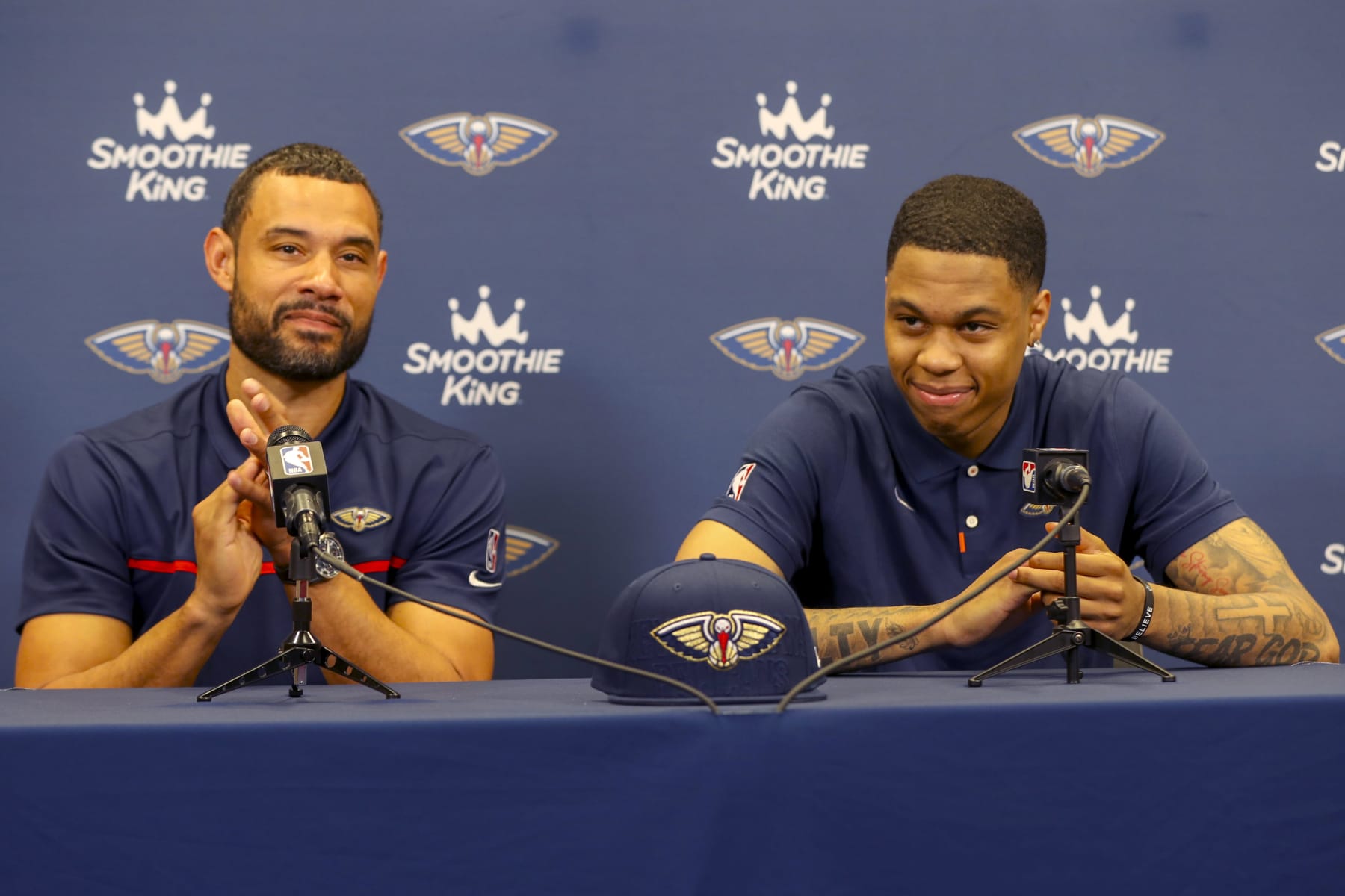 METAIRIE, LA - JUNE 27: Jordan Hawkins of the New Orleans Pelicans talks to the press on June 27, 2023 in Metairie, Louisiana. NOTE TO USER: User expressly acknowledges and agrees that by downloading and or using this Photograph, user is consenting to the terms and conditions of the Getty Images License Agreement. Mandatory Copyright Notice: Copyright 2020 NBAE (Photo by Layne Murdoch Jr./NBAE via Getty Images)