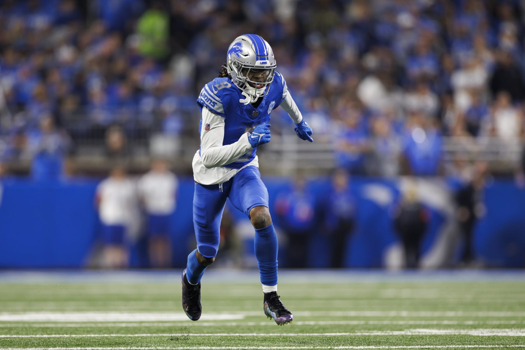 DETROIT, MICHIGAN - JANUARY 14: Jameson Williams #9 of the Detroit Lions runs a route during an NFC Wild Card Playoff football game against the Los Angeles Rams at Ford Field on January 14, 2024 in Detroit, Michigan. (Photo by Ryan Kang/Getty Images)