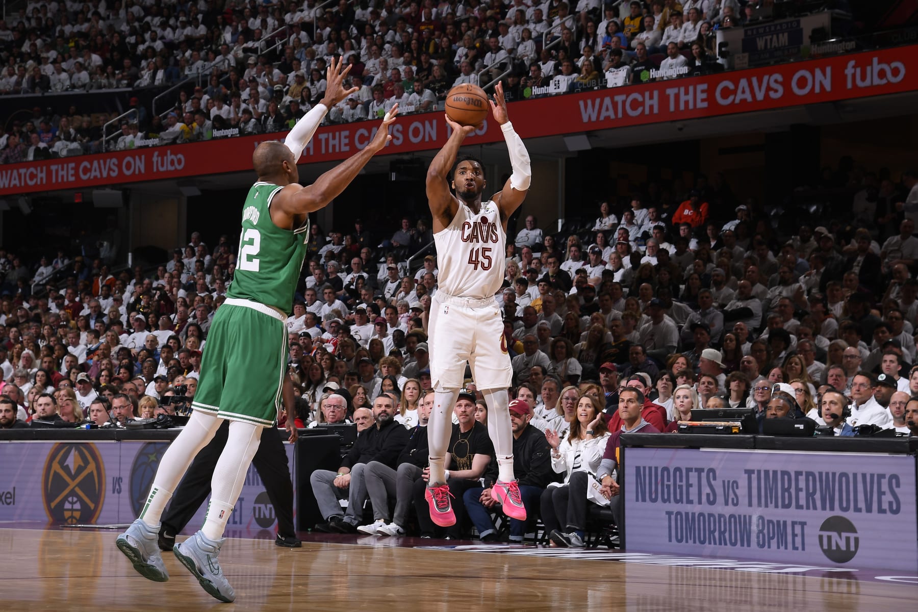 CLEVELAND, OH - MAY 11: Donovan Mitchell #45 of the Cleveland Cavaliers shoots the ball during the game  against the Boston Celtics during Round 2 Game 3 of the 2024 NBA Playoffs on May 11, 2024 at Rocket Mortgage FieldHouse in Cleveland, Ohio. NOTE TO USER: User expressly acknowledges and agrees that, by downloading and/or using this Photograph, user is consenting to the terms and conditions of the Getty Images License Agreement. Mandatory Copyright Notice: Copyright 2024 NBAE (Photo by Brian Babineau/NBAE via Getty Images)