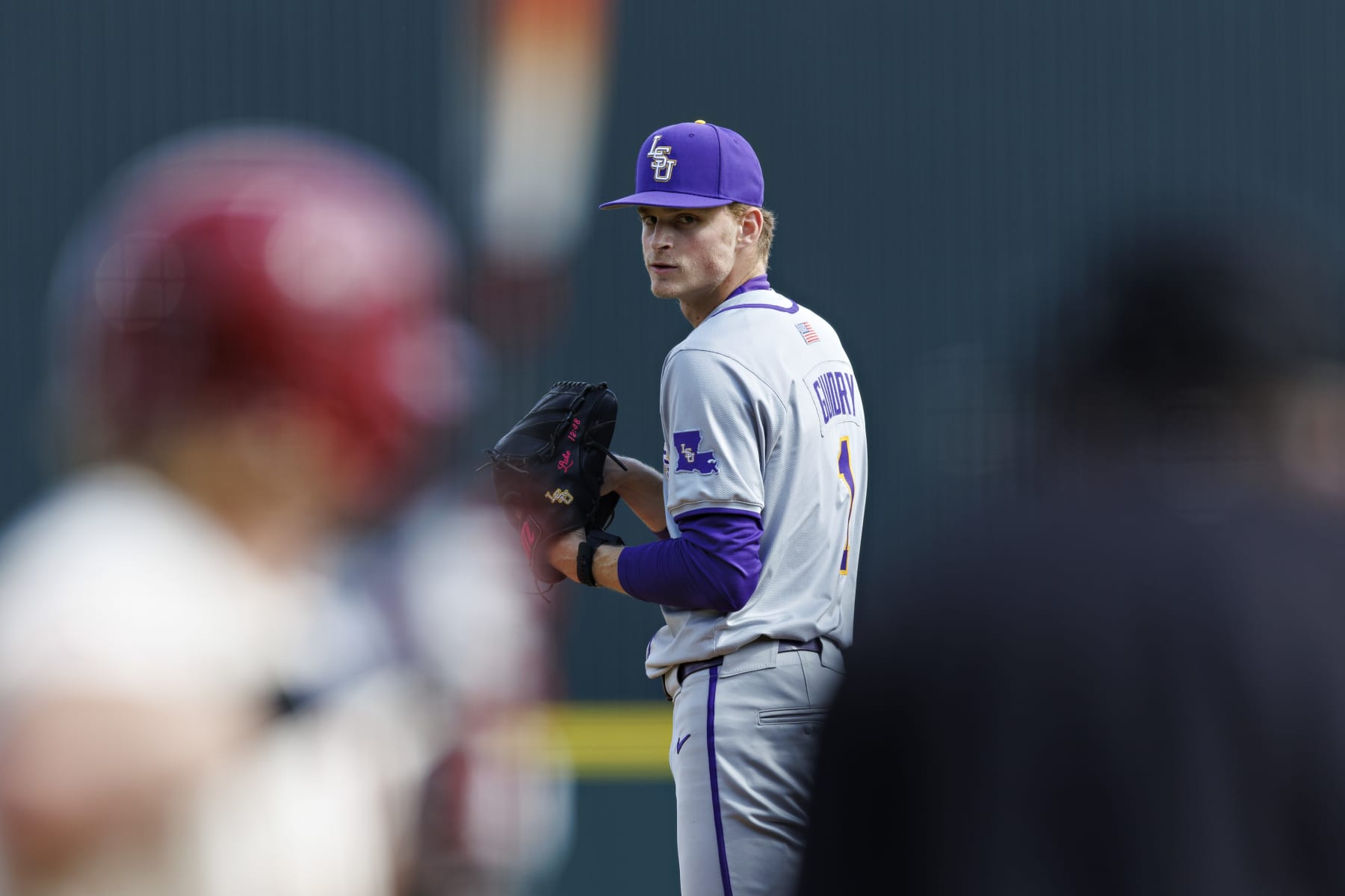 FAYETTEVILLE, ARKANSAS - MARCH 30: Gavin Guidry #1 of the LSU Tigers on the mound during the game against the Arkansas Razorbacks at Baum-Walker Stadium at George Cole Field on March 30, 2024 in Fayetteville, Arkansas. The Razorbacks defeated the Tigers 7-5. (Photo by Wesley Hitt/Getty Images)