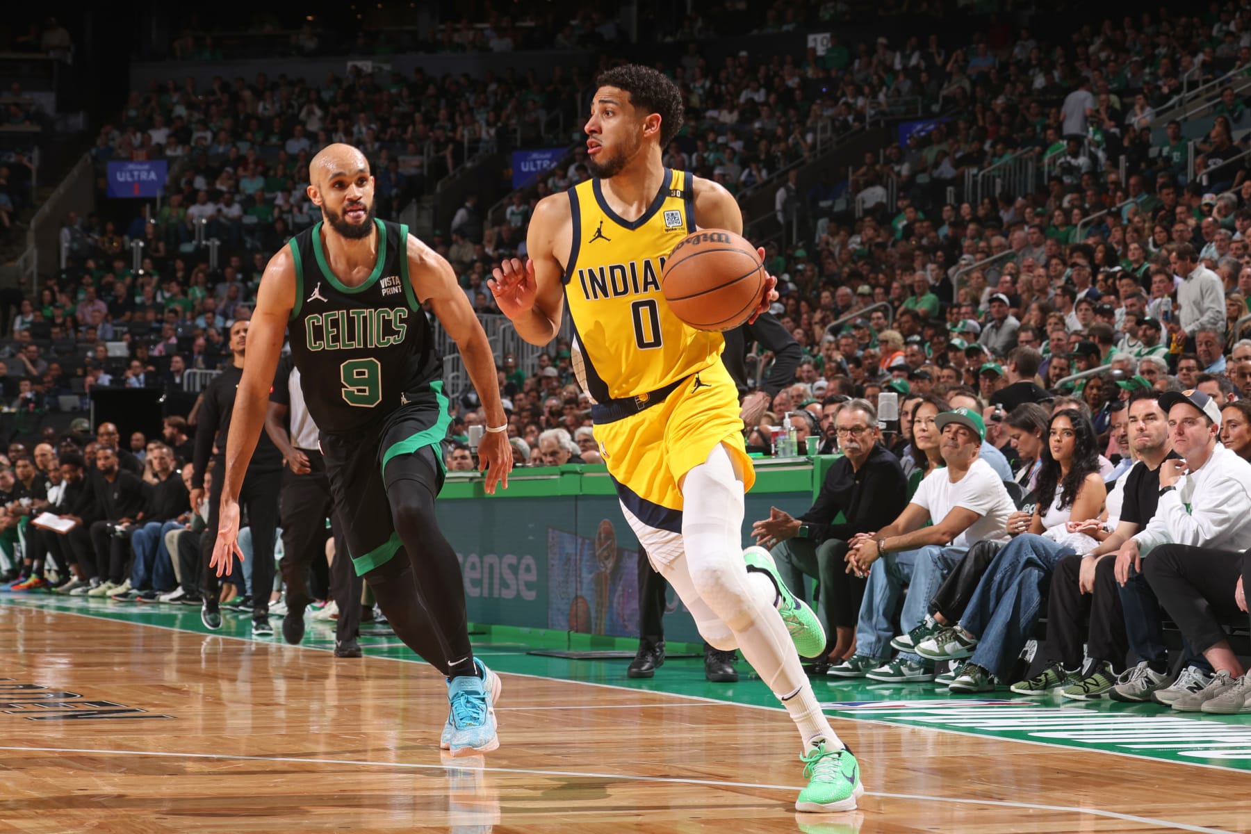 BOSTON, MA - MAY 23: Tyrese Haliburton #0 of the Indiana Pacers dribbles the ball during the game against the Boston Celtics during Game 2 of the Eastern Conference Finals of the 2024 NBA Playoffs on May 23, 2024 at the TD Garden in Boston, Massachusetts. NOTE TO USER: User expressly acknowledges and agrees that, by downloading and or using this photograph, User is consenting to the terms and conditions of the Getty Images License Agreement. Mandatory Copyright Notice: Copyright 2024 NBAE  (Photo by Nathaniel S. Butler/NBAE via Getty Images)