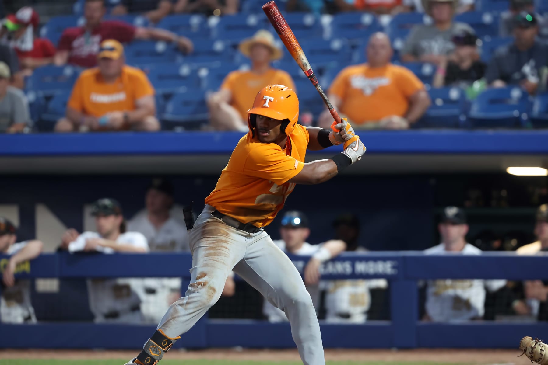 HOOVER, AL - MAY 25: Tennessee Volunteers outfielder Kavares Tears (21) during the 2024 SEC Baseball Tournament game between the Tennessee Volunteers and the Vanderbilt Commodores on May 25, 2024 at the Hoover Metropolitan Stadium in Hoover, Alabama. (Photo by Michael Wade/Icon Sportswire via Getty Images)