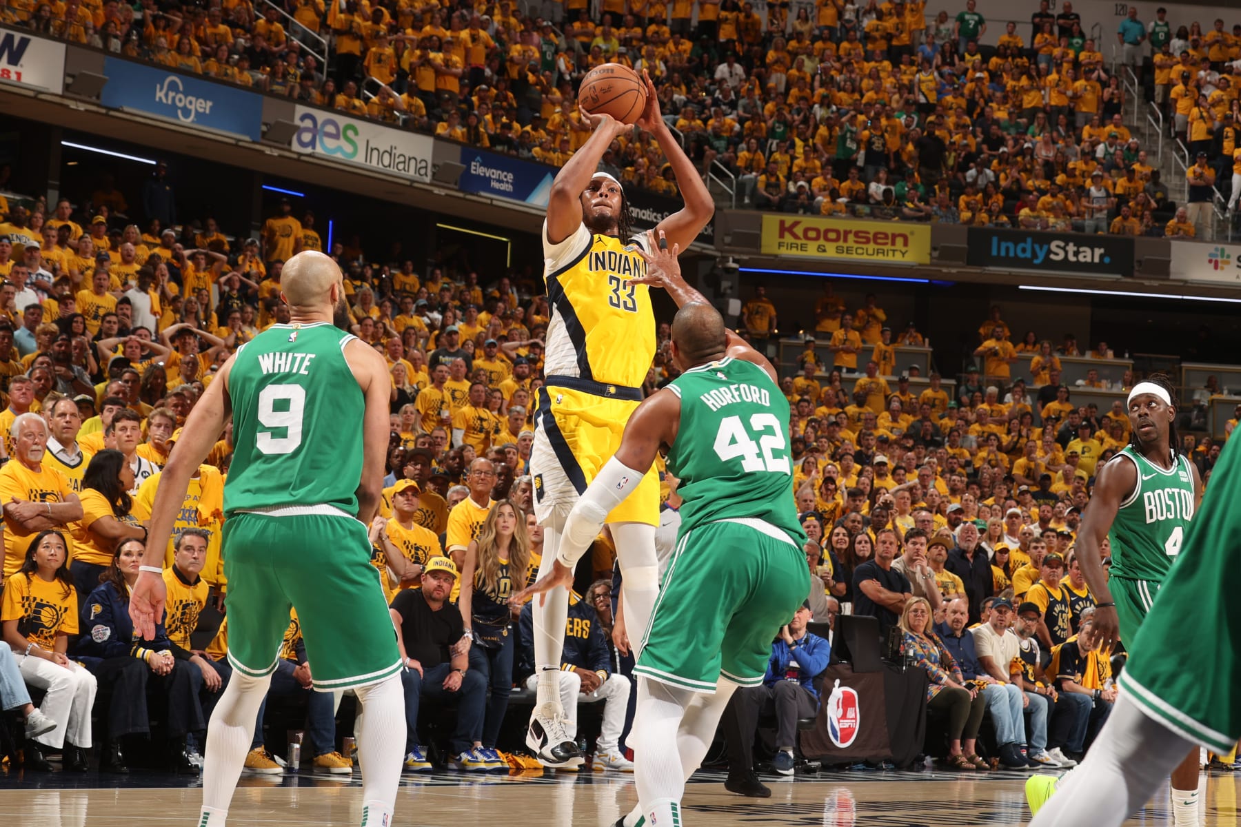 INDIANAPOLIS, IN - MAY 25: Myles Turner #33 of the Indiana Pacers shoots the ball during the game against the Boston Celtics during Game 3 of the Eastern Conference Finals of the 2024 NBA Playoffs on May 25, 2024 at Gainbridge Fieldhouse in Indianapolis, Indiana. NOTE TO USER: User expressly acknowledges and agrees that, by downloading and or using this Photograph, user is consenting to the terms and conditions of the Getty Images License Agreement. Mandatory Copyright Notice: Copyright 2024 NBAE (Photo by Nathaniel S. Butler/NBAE via Getty Images)