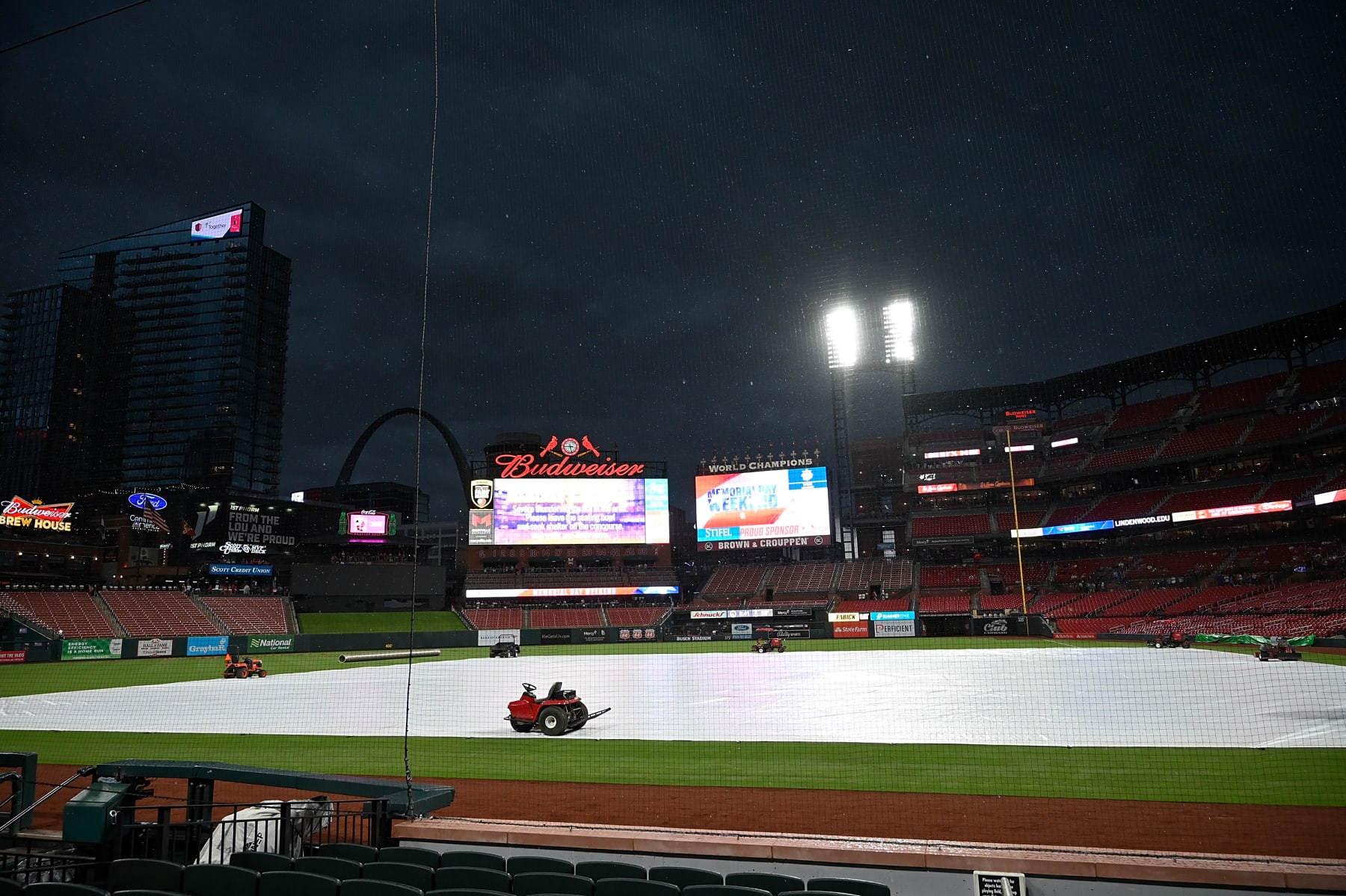 ST LOUIS, MISSOURI - MAY 26: A general view of Busch Stadium during a rain delay prior to the start of a game between the St. Louis Cardinals and the Chicago Cubs at Busch Stadium on May 26, 2024 in St Louis, Missouri. (Photo by Joe Puetz/Getty Images)