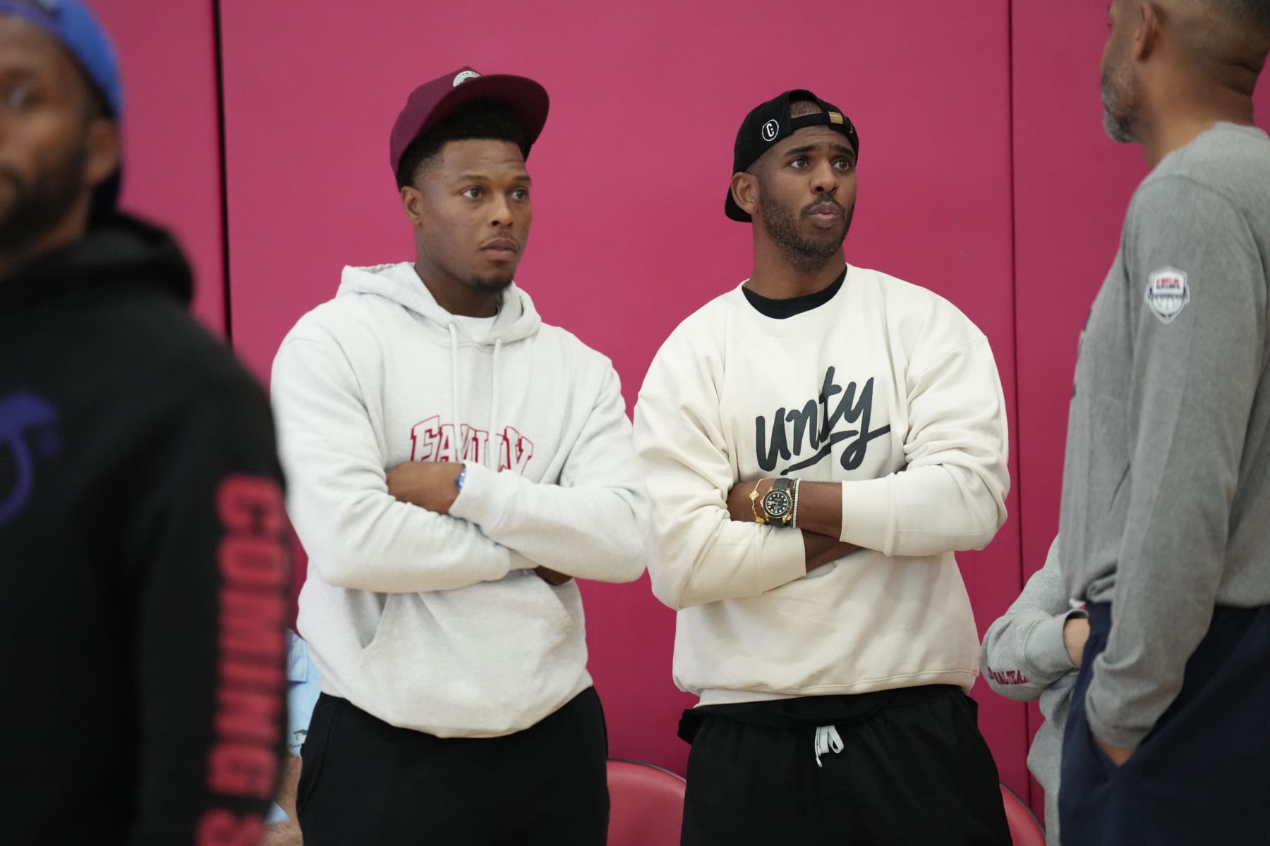 LAS VEGAS, NV - AUGUST 6: Chris Paul and Kyle Lowry look on during the USA Men's National Team Practice as part of 2023 FIBA World Cup on August 6, 2023 at the Mendenhall Center in Las Vegas, Nevada. NOTE TO USER: User expressly acknowledges and agrees that, by downloading and or using this photograph, User is consenting to the terms and conditions of the Getty Images License Agreement. Mandatory Copyright Notice: Copyright 2023 NBAE (Photo by Jesse D. Garrabrant/NBAE via Getty Images)