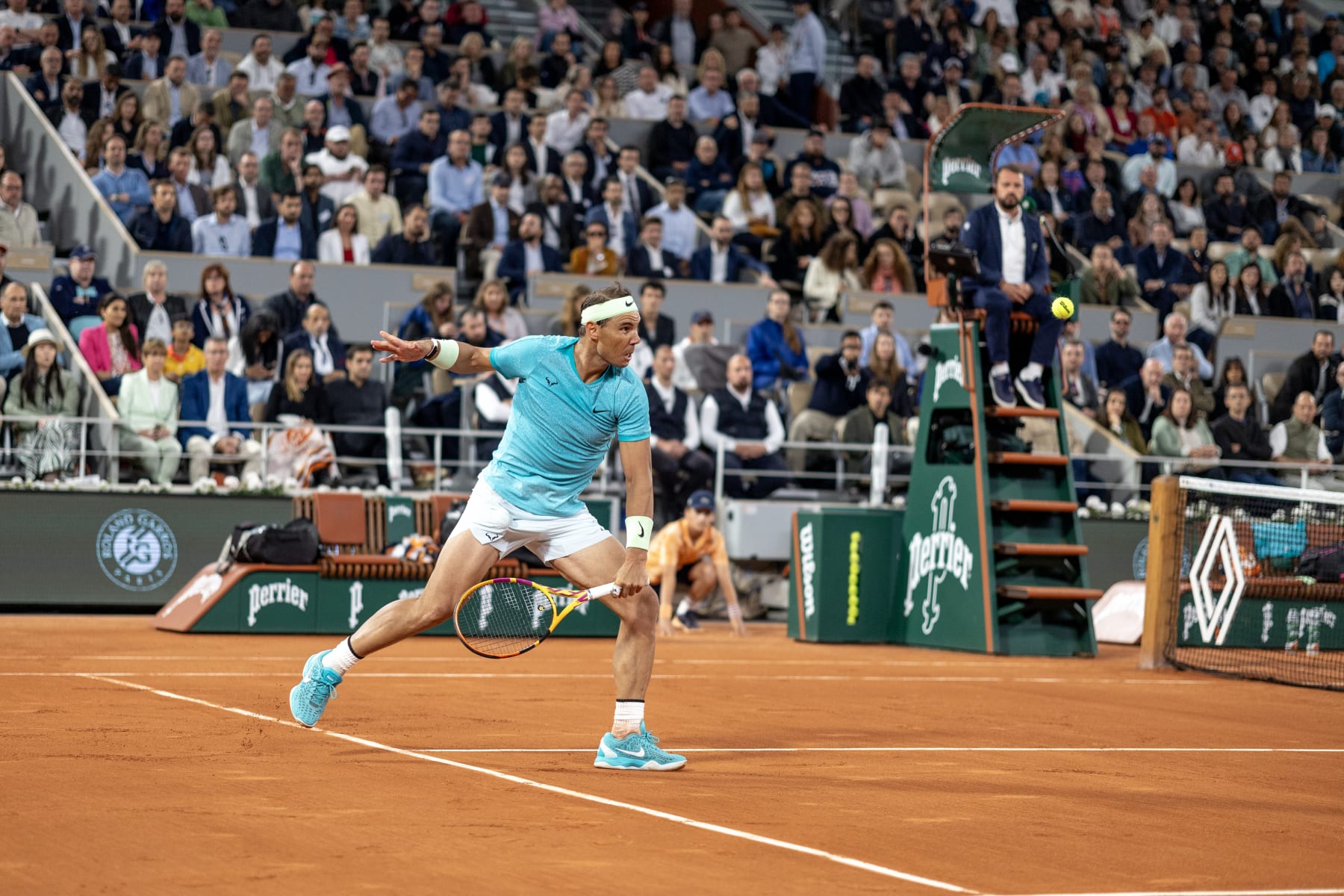 PARIS, FRANCE - MAY 27. Rafael Nadal of Spain in action against Alexander Zverev of Germany on Court Philippe-Chatrier during the first round of the 2024 French Open Tennis Tournament at Roland Garros on May 27th, 2024, in Paris, France. (Photo by Tim Clayton/Corbis via Getty Images)