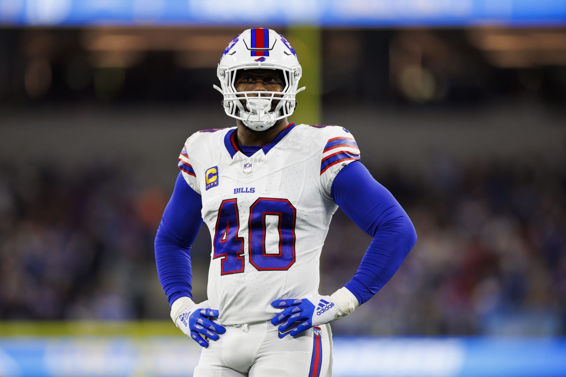INGLEWOOD, CA - DECEMBER 23: Von Miller #40 of the Buffalo Bills looks on during an NFL football game against the Los Angeles Chargers at SoFi Stadium on December 23, 2023 in Inglewood, California. (Photo by Ryan Kang/Getty Images)