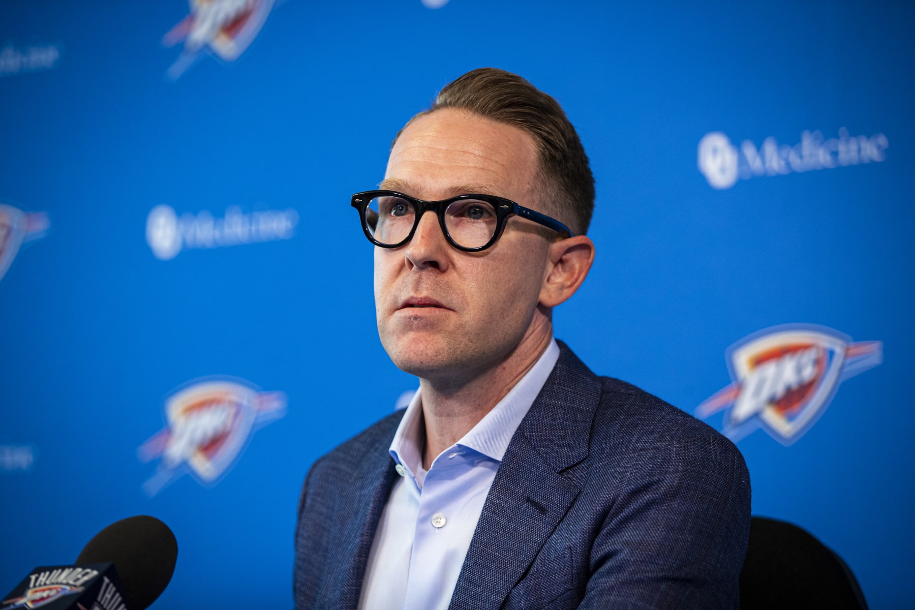 OKLAHOMA CITY, OK - JULY 25: Oklahoma City Thunder General Manager Sam Presti speaks with media at the Thunder ION on July 25, 2019 in Oklahoma City, OK. NOTE TO USER: User expressly acknowledges and agrees that, by downloading and or using
this photograph, User is consenting to the terms and conditions of the Getty Images License
Agreement. Mandatory Copyright Notice: Copyright 2019 NBAE (Photo by Zach Beeker/NBAE via
Getty Images)