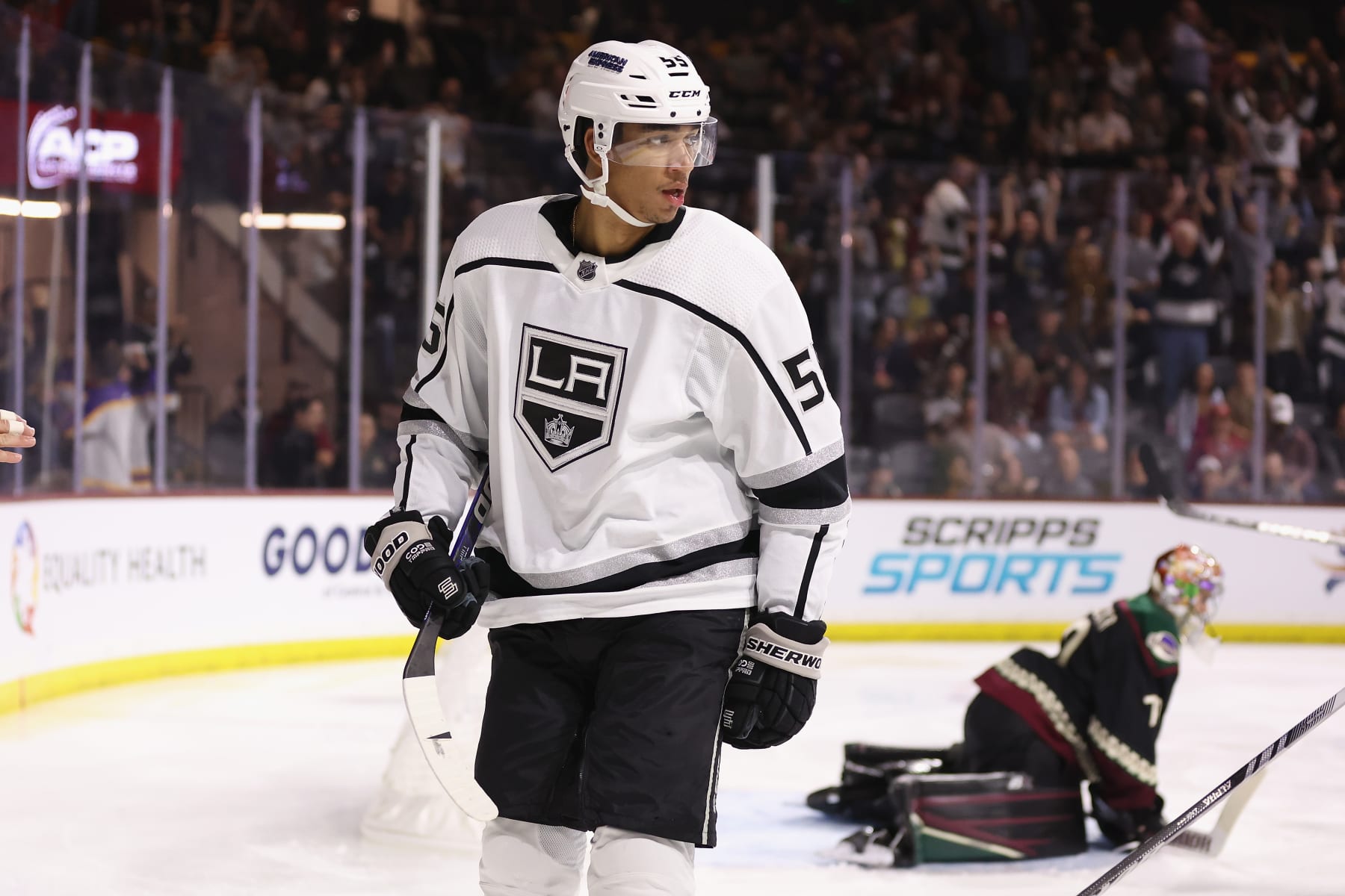 TEMPE, ARIZONA - OCTOBER 27: Quinton Byfield #55 of the Los Angeles Kings reacts after scoring a goal past goaltender Karel Vejmelka #70 of the Arizona Coyotes during the third period of the NHL game at Mullett Arena on October 27, 2023 in Tempe, Arizona. (Photo by Christian Petersen/Getty Images)