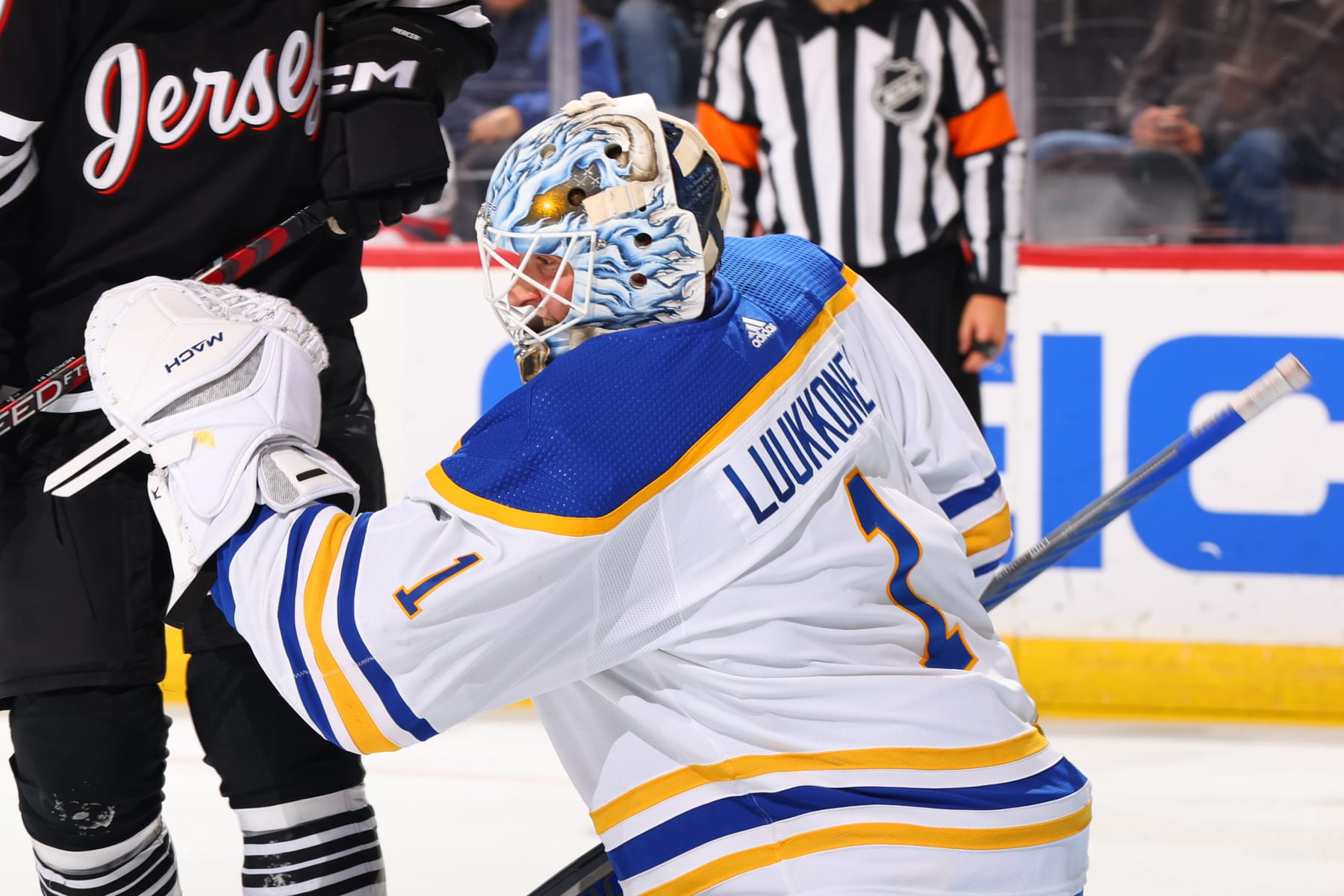 NEWARK, NJ - OCTOBER 27: Ukko-Pekka Luukkonen #1 of the Buffalo Sabres defends his net in the third period of the game against the New Jersey Devils at the Prudential Center on October 27, 2023 in Newark, New Jersey. (Photo by Rich Graessle/NHLI via Getty Images)