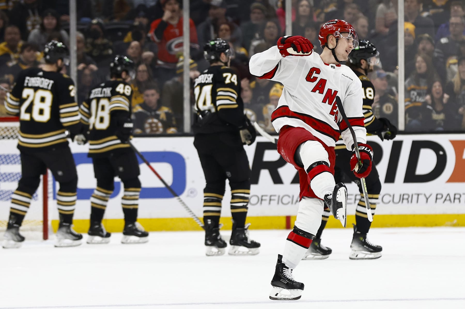 BOSTON, MA - JANUARY 24: Martin Necas #88 of the Carolina Hurricanes celebrates his power play goal against the Boston Bruins during the first period at TD Garden on January 24, 2024 in Boston, Massachusetts. (Photo By Winslow Townson/Getty Images)