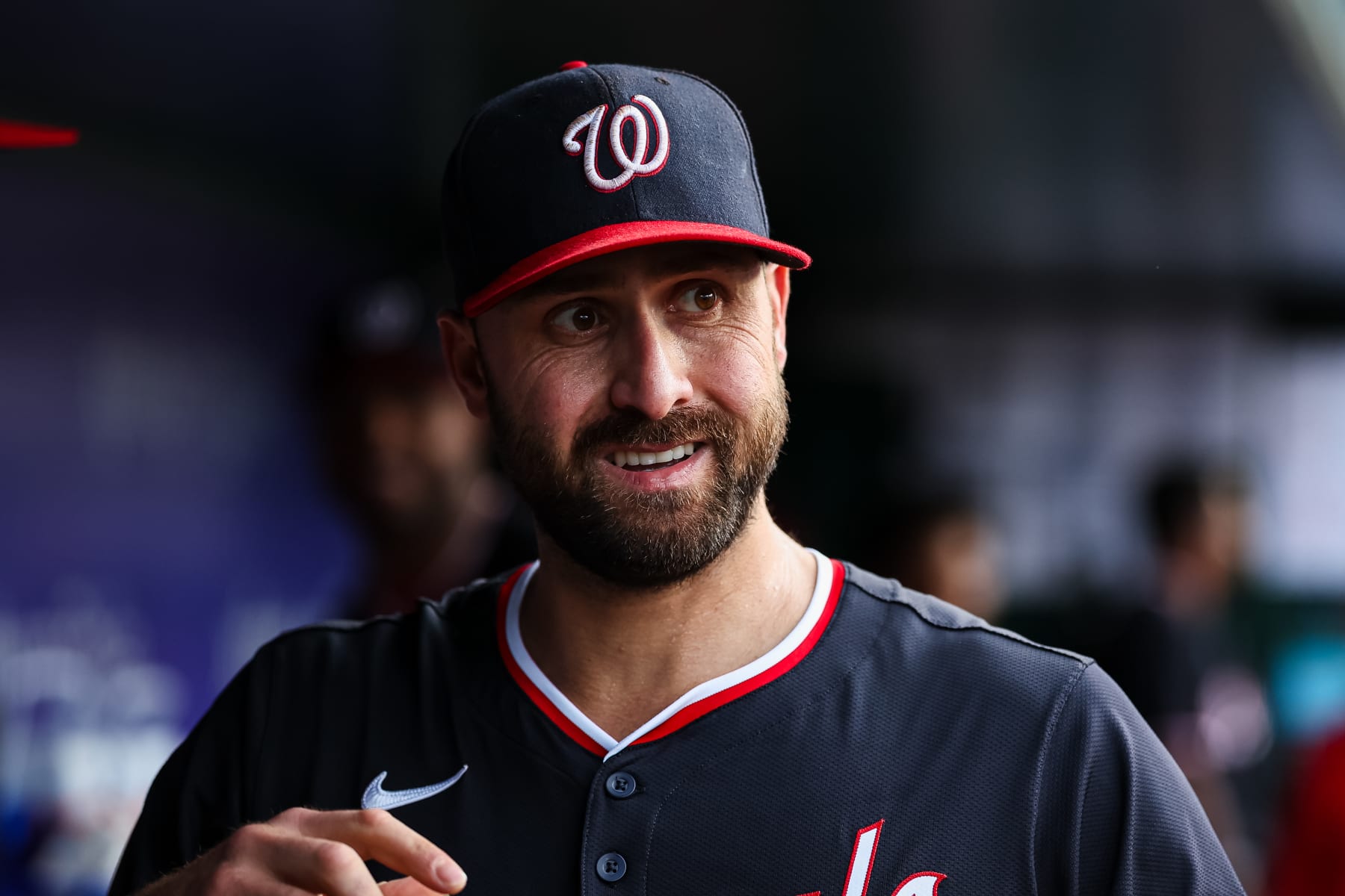 WASHINGTON, DC - MAY 24: Joey Gallo #24 of the Washington Nationals reacts before the game against the Seattle Mariners at Nationals Park on May 24, 2024 in Washington, DC. (Photo by Scott Taetsch/Getty Images)