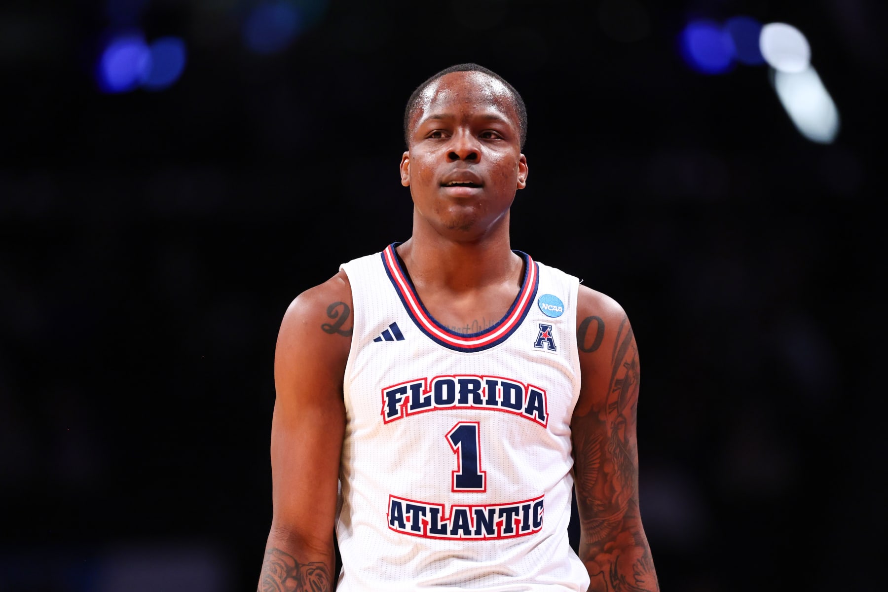 NEW YORK, NEW YORK - MARCH 22: Johnell Davis #1 of the Florida Atlantic Owls looks on during the first half of the game against the Northwestern Wildcats during the first round of the NCAA Men’s Basketball Tournament at Barclays Center on March 22, 2024 in New York City. (Photo by Jamie Schwaberow/NCAA Photos via Getty Images)
