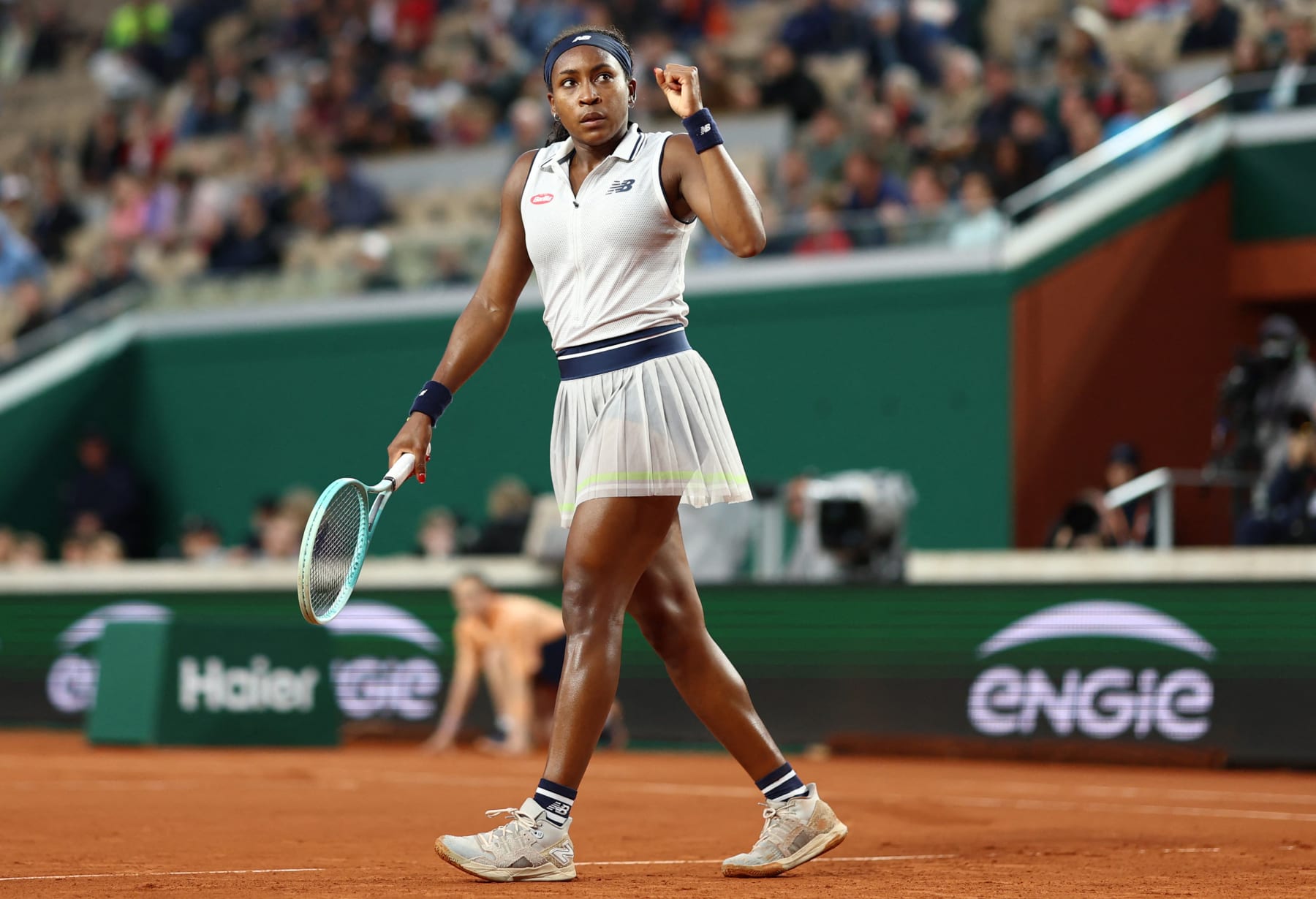 US Coco Gauff celebrates after a point as she plays against Slovenia's Tamara Zidansek during their women's singles match on Court Suzanne-Lenglen on day four of the French Open tennis tournament at the Roland Garros Complex in Paris on May 29, 2024. (Photo by Emmanuel Dunand / AFP) (Photo by EMMANUEL DUNAND/AFP via Getty Images)
