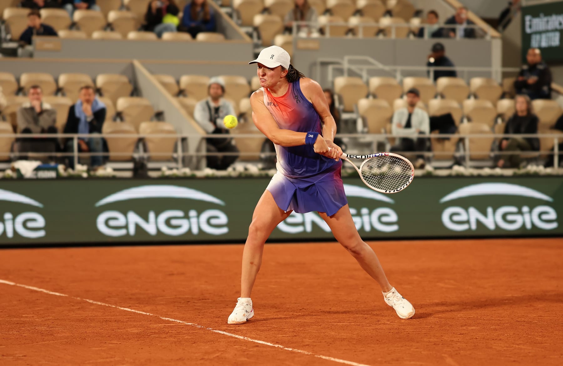 PARIS, FRANCE - MAY 29: Iga Swiatek of Poland is seen in action on her way to victory over Naomi Osaka of Japan in their second round match during day four of the French Open at Roland Garros on May 29, 2024 in Paris, France. (Photo by Ian MacNicol/Getty Images)