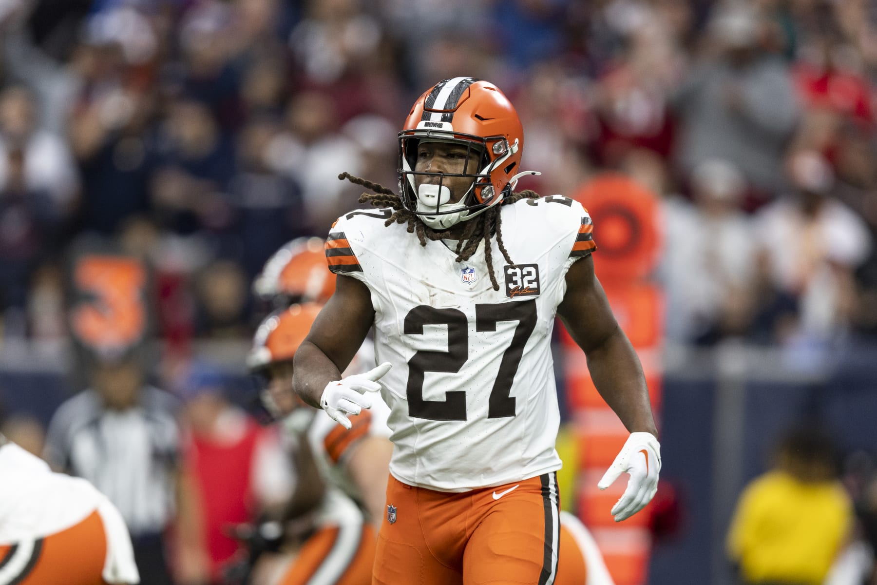 HOUSTON, TEXAS - JANUARY 13: Kareem Hunt #27 of the Cleveland Browns runs during an NFL wild-card playoff football game between the Houston Texans and the Cleveland Browns at NRG Stadium on January 13, 2024 in Houston, Texas. (Photo by Michael Owens/Getty Images)