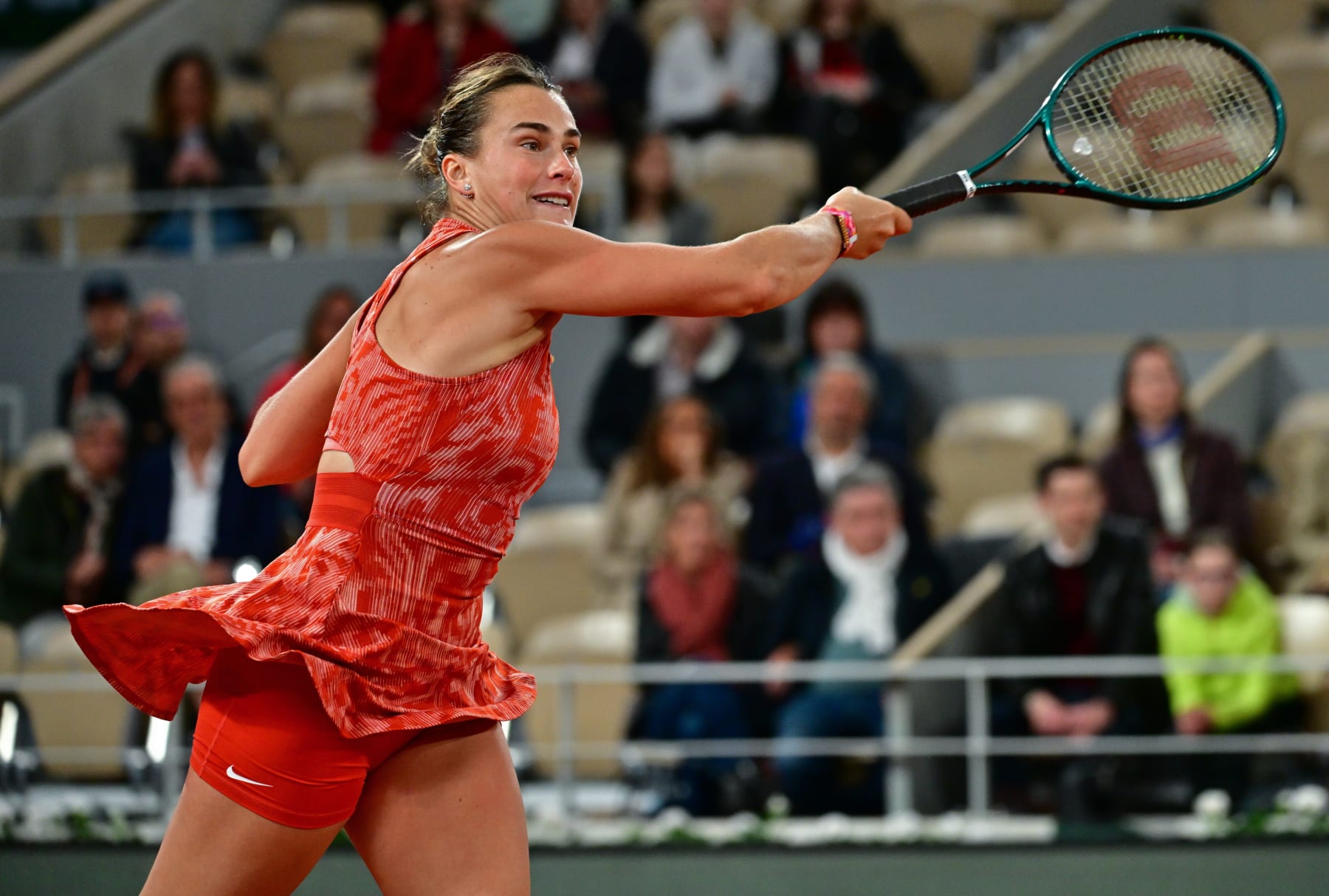 PARIS, FRANCE - MAY 30: Aryna Sabalenka plays a forehand against Moyuka Uchijima of Japan in the Women's Singles second round match on Day Five of the 2024 French Open at at Roland Garros on May 30, 2024 in Paris, France. (Photo by Christian Liewig - Corbis/Getty Images)