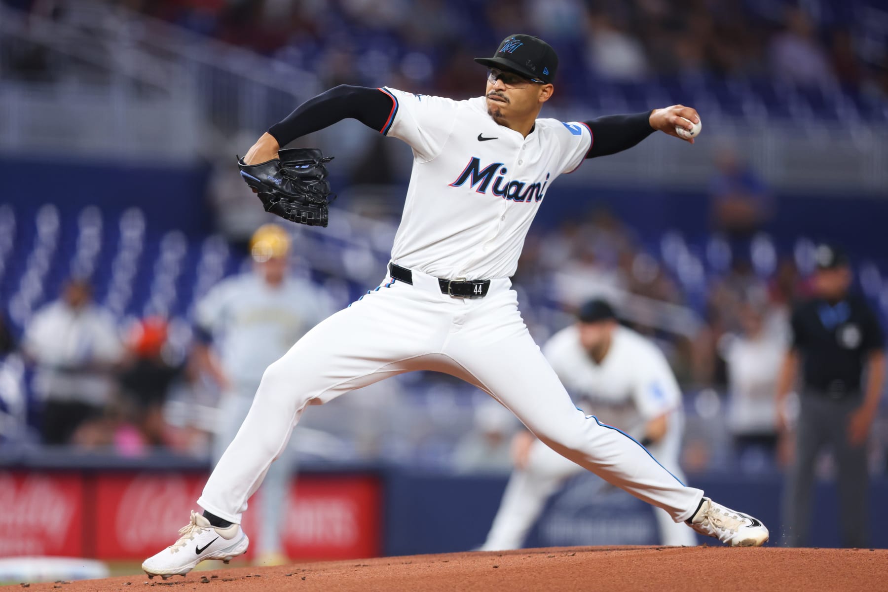MIAMI, FLORIDA - MAY 22: Jesús Luzardo #44 of the Miami Marlins pitches against the Milwaukee Brewers during the first inning of the game at loanDepot park on May 22, 2024 in Miami, Florida. (Photo by Megan Briggs/Getty Images)