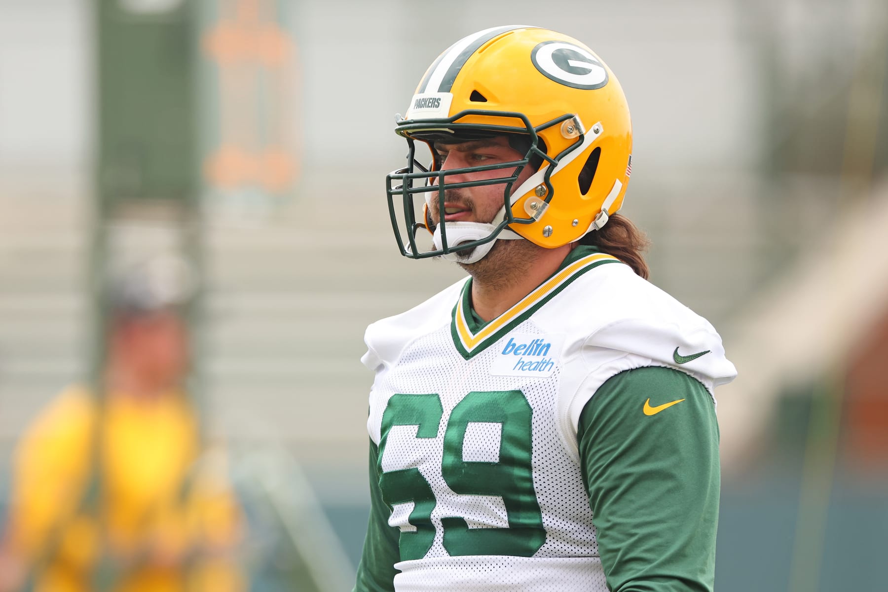 ASHWAUBENON, WISCONSIN - MAY 31: David Bakhtiari #69 of the Green Bay Packers participates in an OTA practice session at Don Hutson Center on May 31, 2023 in Ashwaubenon, Wisconsin. (Photo by Stacy Revere/Getty Images)