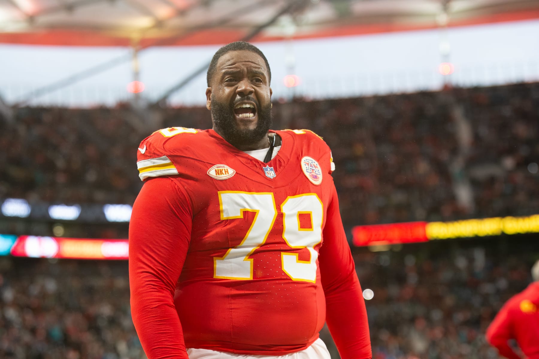 FRANKFURT AM MAIN, GERMANY - NOVEMBER 5: Donovan Smith of Kansas City Chiefs yells during the NFL match between Miami Dolphins and Kansas City Chiefs at Deutsche Bank Park on November 5, 2023 in Frankfurt am Main, Germany. (Photo by Mario Hommes/DeFodi Images via Getty Images)