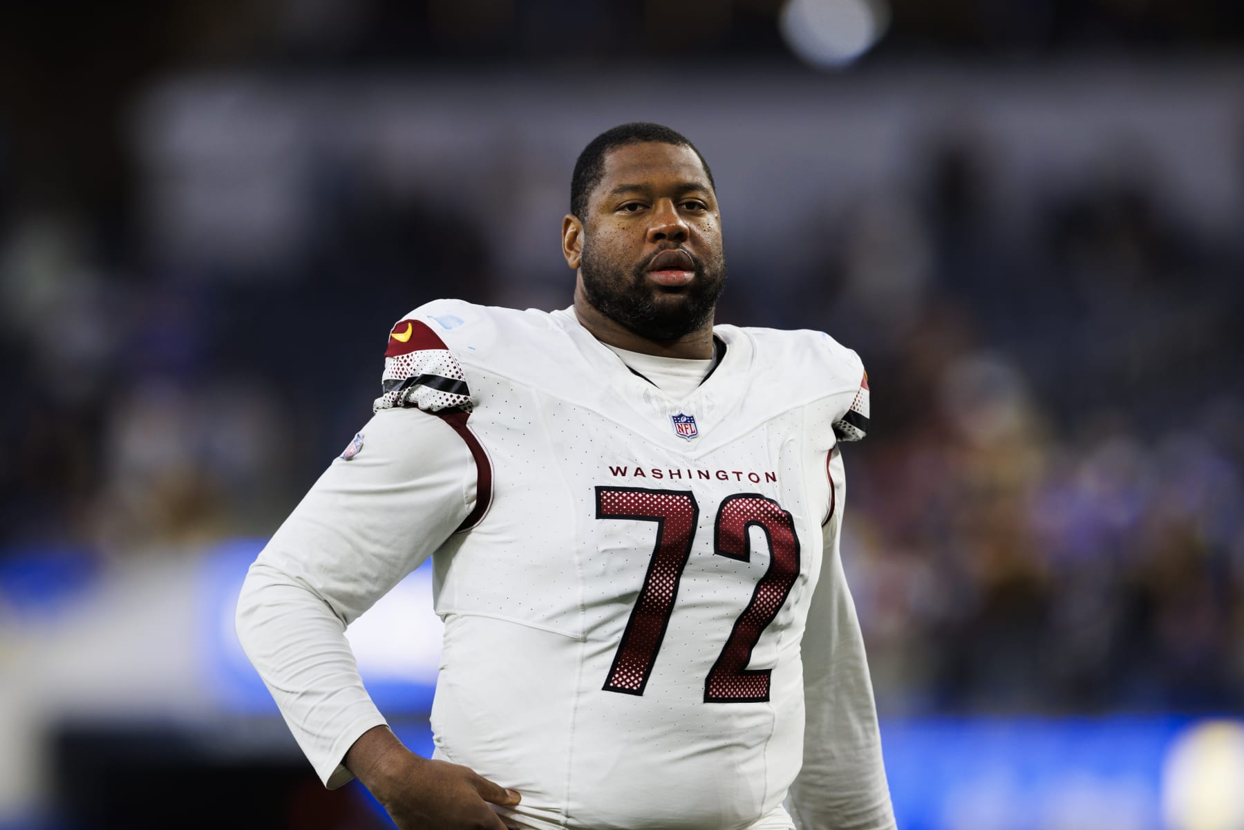 INGLEWOOD, CALIFORNIA - DECEMBER 17: Charles Leno Jr. #72 of the Washington Commanders walks off the field during a game against the Los Angeles Rams at SoFi Stadium on December 17, 2023 in Inglewood, California. (Photo by Ric Tapia/Getty Images)