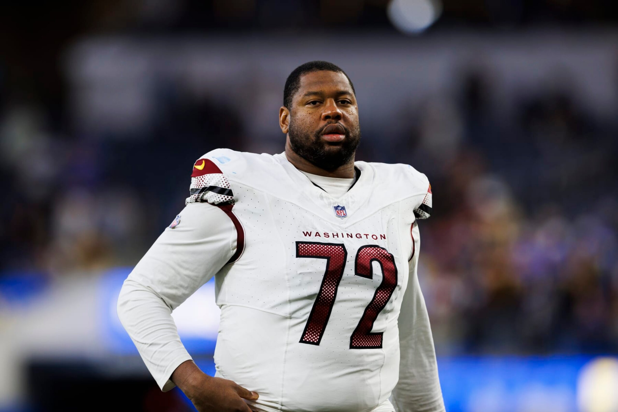 INGLEWOOD, CALIFORNIA - DECEMBER 17: Charles Leno Jr. #72 of the Washington Commanders walks off the field during a game against the Los Angeles Rams at SoFi Stadium on December 17, 2023 in Inglewood, California. (Photo by Ric Tapia/Getty Images)