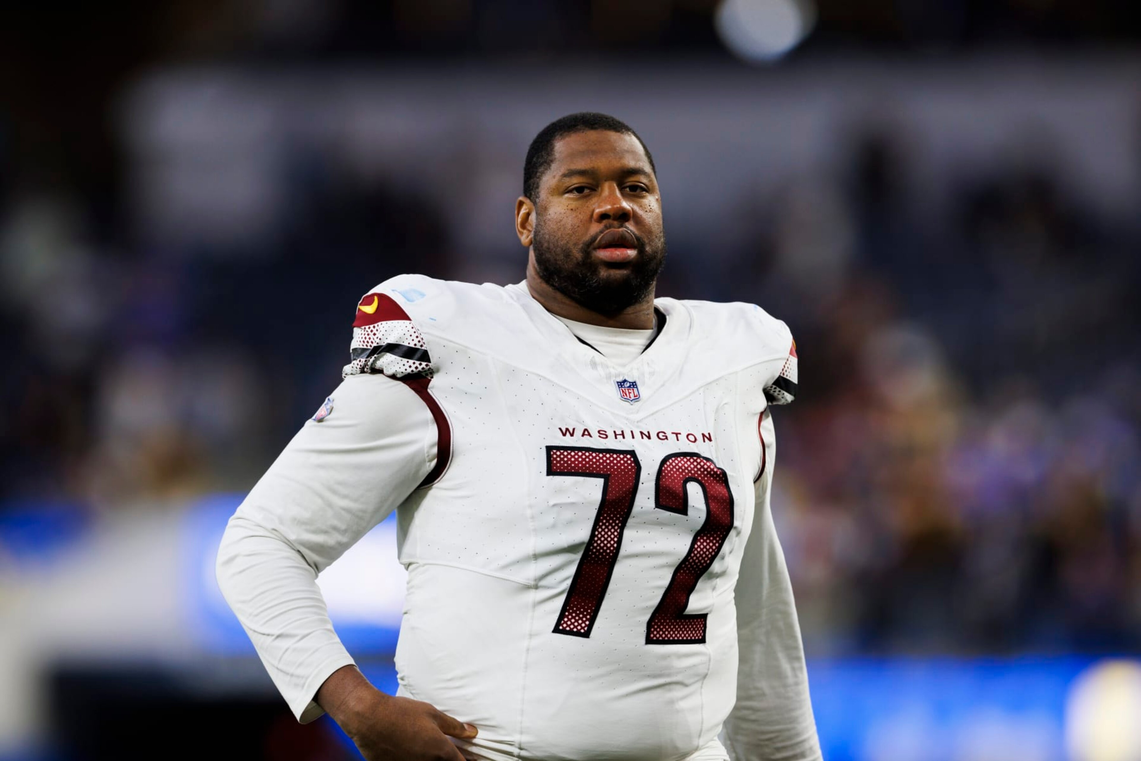INGLEWOOD, CALIFORNIA - DECEMBER 17: Charles Leno Jr. #72 of the Washington Commanders walks off the field during a game against the Los Angeles Rams at SoFi Stadium on December 17, 2023 in Inglewood, California. (Photo by Ric Tapia/Getty Images)