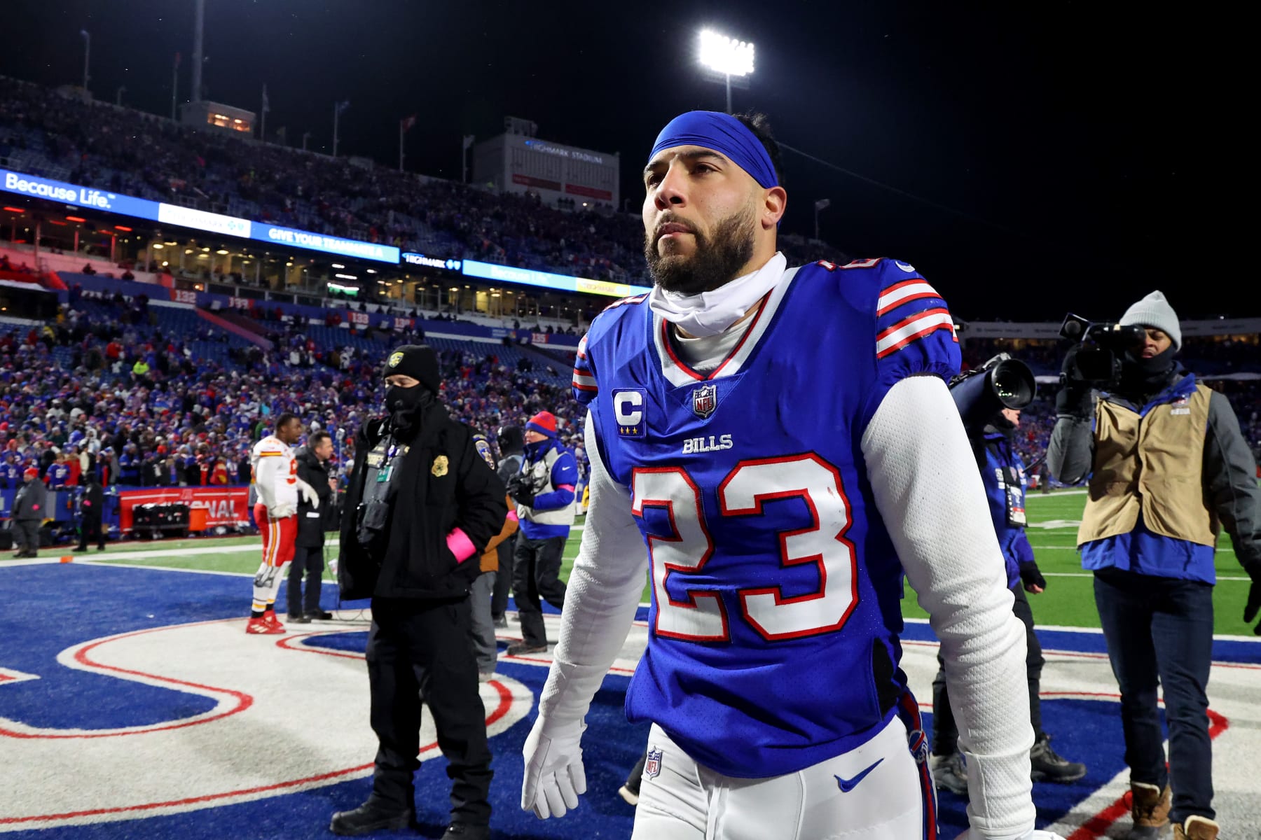 ORCHARD PARK, NEW YORK - JANUARY 21: Micah Hyde #23 of the Buffalo Bills walks off the field after being defeated by the Kansas City Chiefs in the AFC Divisional Playoff game at Highmark Stadium on January 21, 2024 in Orchard Park, New York. (Photo by Timothy T Ludwig/Getty Images)
