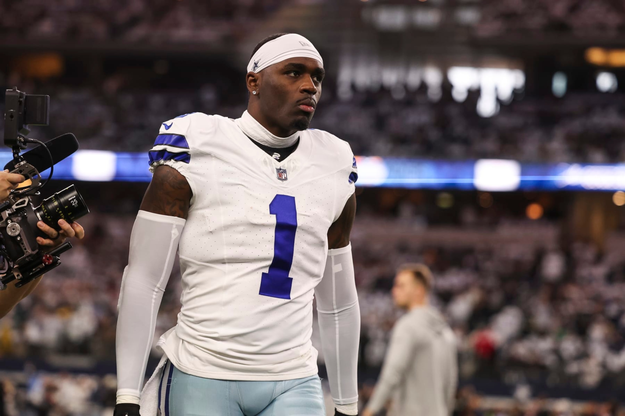 ARLINGTON, TX - JANUARY 14: Jayron Kearse #1 of the Dallas Cowboys warms up prior to an NFL wild-card playoff football game against the Green Bay Packers at AT&T Stadium on January 14, 2024 in Arlington, Texas. (Photo by Perry Knotts/Getty Images)