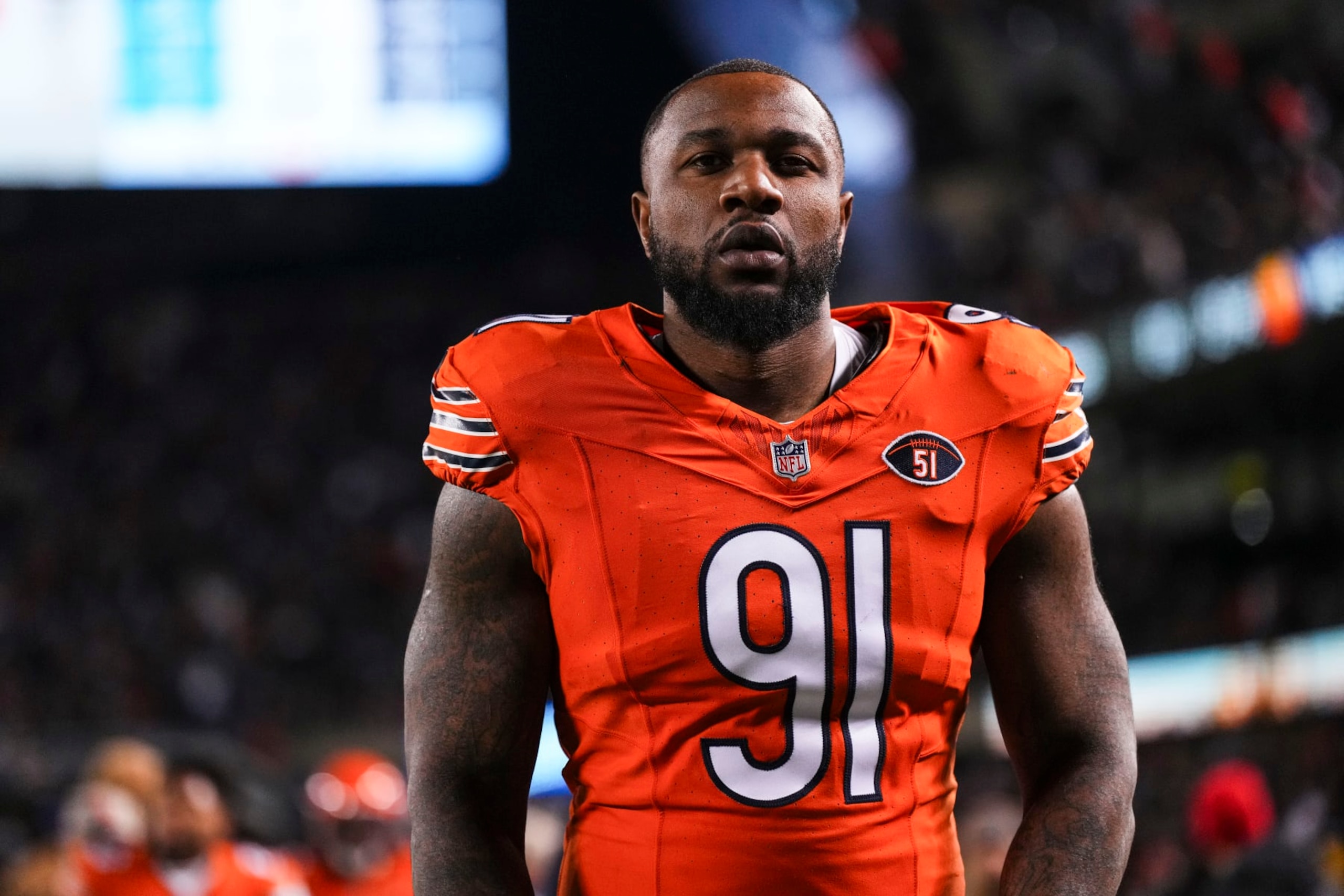 CHICAGO, IL - NOVEMBER 09: Yannick Ngakoue #91 of the Chicago Bears runs off of the field during an NFL football game against the Carolina Panthers at Soldier Field on November 9, 2023 in Chicago, Illinois. (Photo by Cooper Neill/Getty Images)