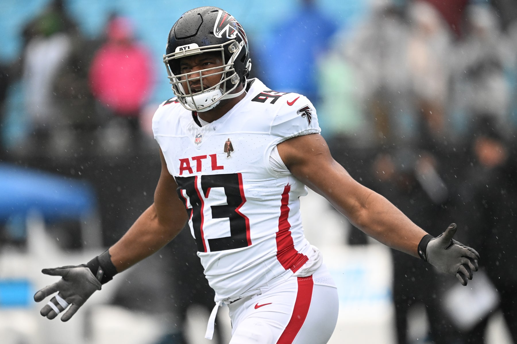 CHARLOTTE, NORTH CAROLINA - DECEMBER 17: Calais Campbell #93 of the Atlanta Falcons warms up before the game against the Carolina Panthers at Bank of America Stadium on December 17, 2023 in Charlotte, North Carolina. (Photo by Grant Halverson/Getty Images)