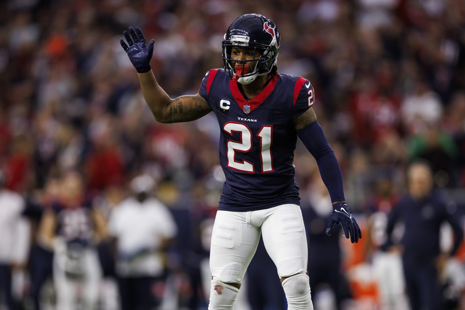 HOUSTON, TEXAS - JANUARY 13: Steven Nelson #21 of the Houston Texans defends in coverage during an AFC wild-card playoff football game against the Cleveland Browns at NRG Stadium on January 13, 2024 in Houston, Texas. (Photo by Ryan Kang/Getty Images)