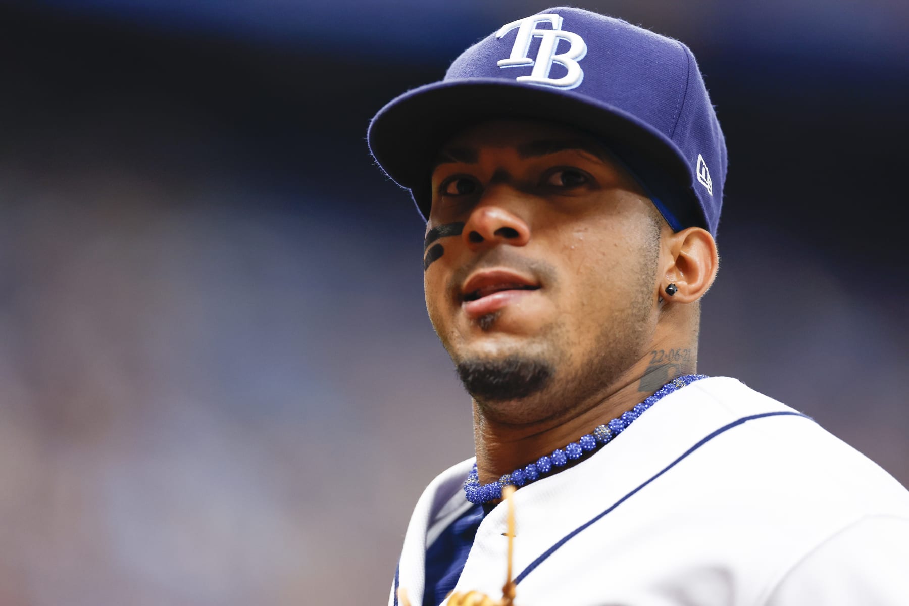 ST PETERSBURG, FLORIDA - AUGUST 12: Wander Franco #5 of the Tampa Bay Rays looks on during the fifth inning against the Cleveland Guardians at Tropicana Field on August 12, 2023 in St Petersburg, Florida. (Photo by Douglas P. DeFelice/Getty Images)