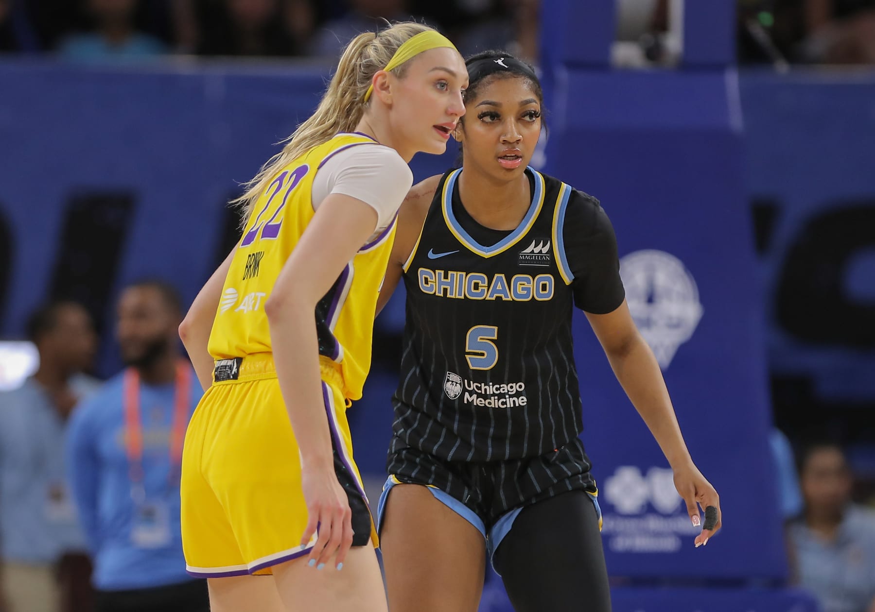 CHICAGO, IL - MAY 30: Cameron Brink #22 of the Los Angeles Sparks and Angel Reese #5 of the Chicago Sky looks on during the first half on May 30, 2024 at Wintrust Arena in Chicago, Illinois. (Photo by Melissa Tamez/Icon Sportswire via Getty Images)