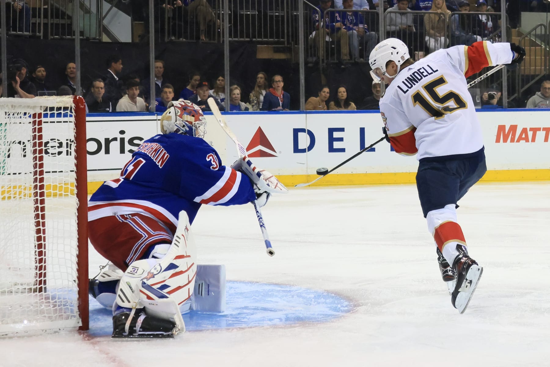 NEW YORK, NEW YORK - MAY 30: Igor Shesterkin #31 of the New York Rangers defends the net against Anton Lundell #15 of the Florida Panthers during the third period in Game Five of the Eastern Conference Final of the 2024 Stanley Cup Playoffs at Madison Square Garden on May 30, 2024 in New York City. (Photo by Bruce Bennett/Getty Images)