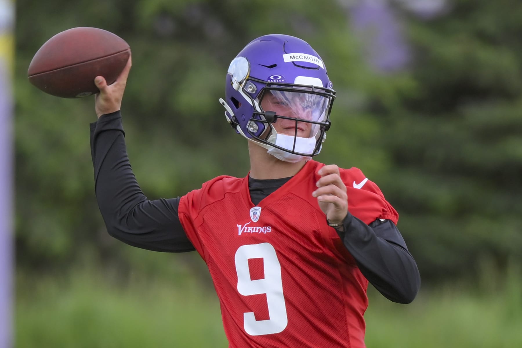 EAGAN, MN - MAY 10: Minnesota Vikings quarterback J.J. McCarthy (9) makes a pass during Minnesota Vikings Rookie Camp on May 10, 2024, at TCO Performance Center in Eagan, MN.(Photo by Nick Wosika/Icon Sportswire via Getty Images)