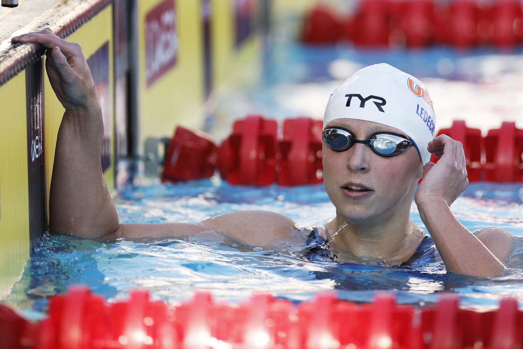 SAN ANTONIO, TEXAS - APRIL 13: Katie Ledecky competes in the Women's 800m Freestyle final on Day 4 of the TYR Pro Swim Series San Antonio at Northside Swim Center on April 13, 2024 in San Antonio, Texas. (Photo by Sarah Stier/Getty Images)