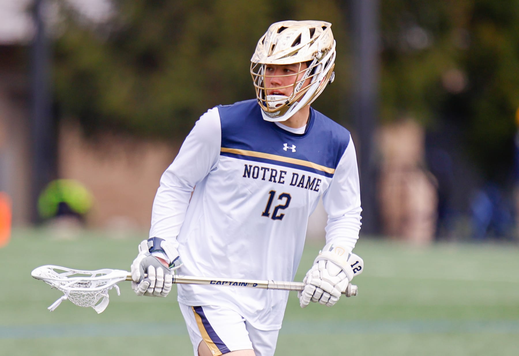 SOUTH BEND, IN - MARCH 30: Tyler Buchner #12 of Notre Dame before a game between Syracuse and Notre Dame at Arlotta Stadium on March 30, 2024 in South Bend, Indiana. (Photo by Michael Miller/ISI Photos/Getty Images)