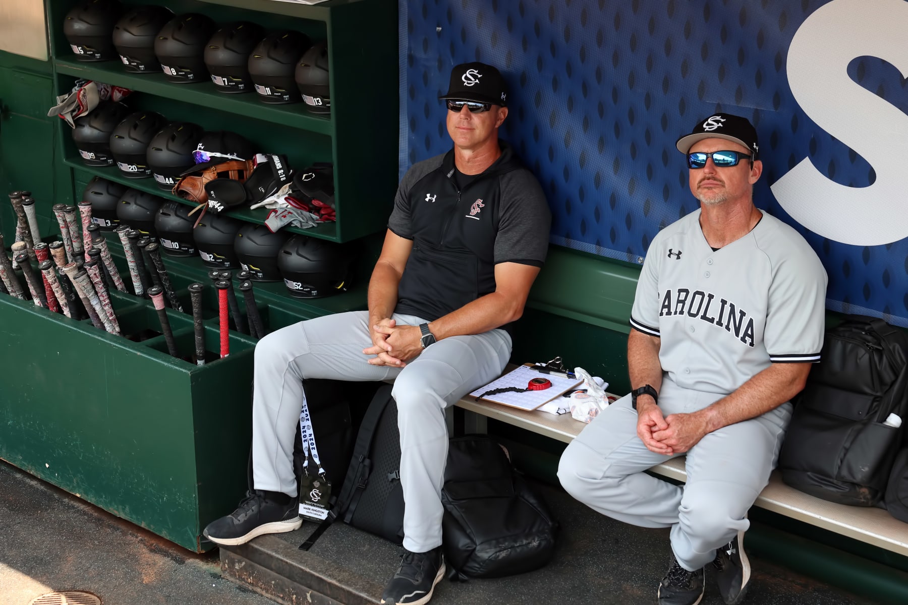 HOOVER, AL - MAY 25: South Carolina Gamecocks head coach Mark Kingston awaits the steart of the 2024 SEC Baseball Tournament game between the South Carolina Gamecocks and the LSU Tigers on May 25, 2024 at the Hoover Metropolitan Stadium in Hoover, Alabama. (Photo by Michael Wade/Icon Sportswire via Getty Images)