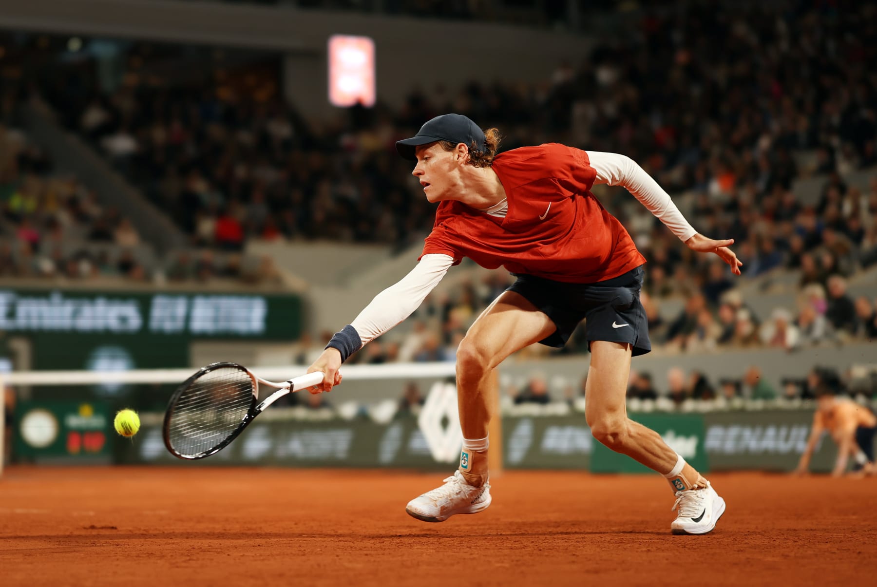 PARIS, FRANCE - MAY 31: Jannik Sinner of Italy is seen in action against Pavel Kotov in their third round match during day six of the 2024 French Open at Roland Garros on May 31, 2024 in Paris, France. (Photo by Ian MacNicol/Getty Images)