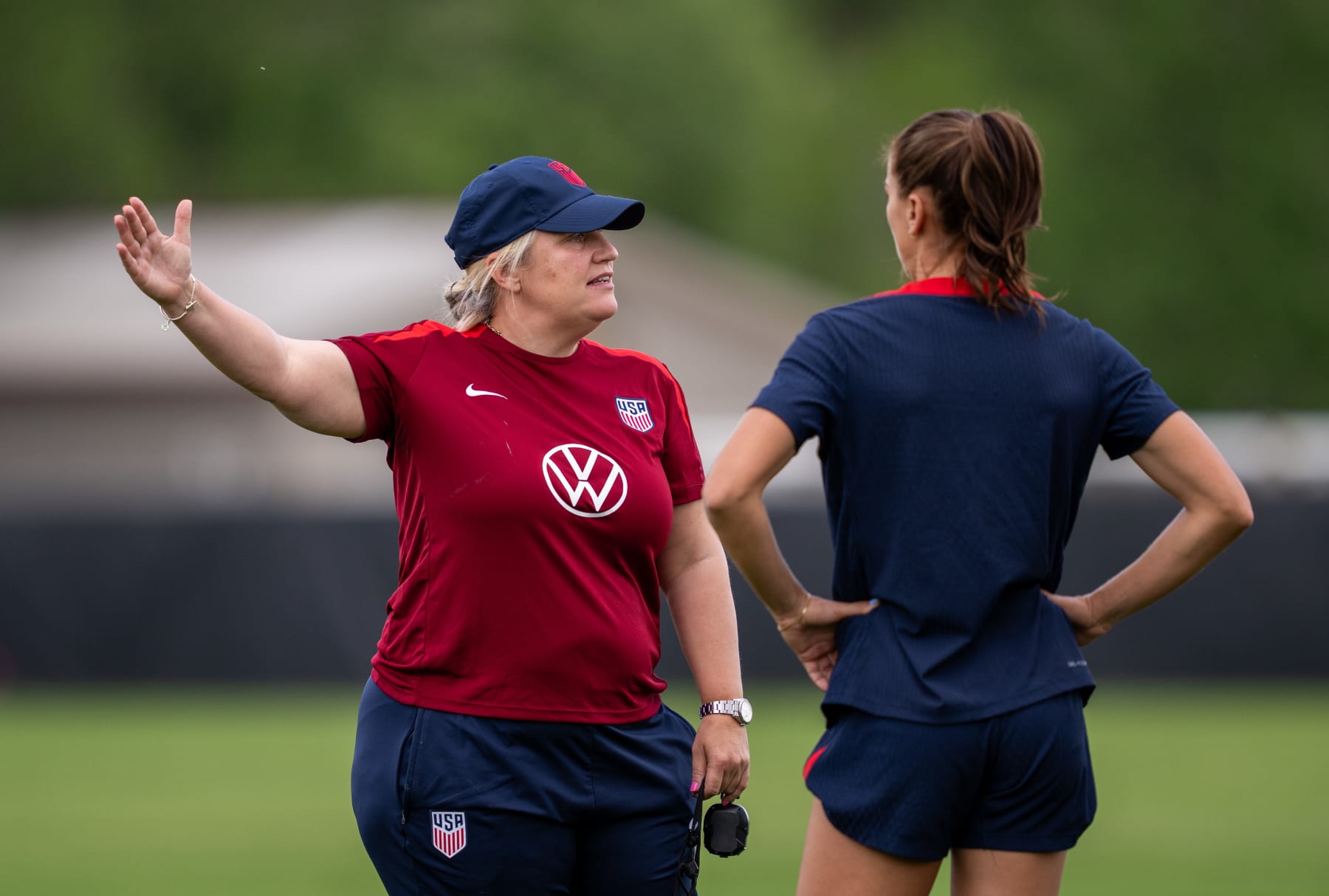 BOULDER, CO - MAY 29:  Head coach Emma Hayes of the United States women's national team talks with Alex Morgan during USWNT training at Prentup Field on May 29, 2024 in Boulder, Colorado. (Photo by Brad Smith/ISI Photos/USSF/Getty Images for USSF)