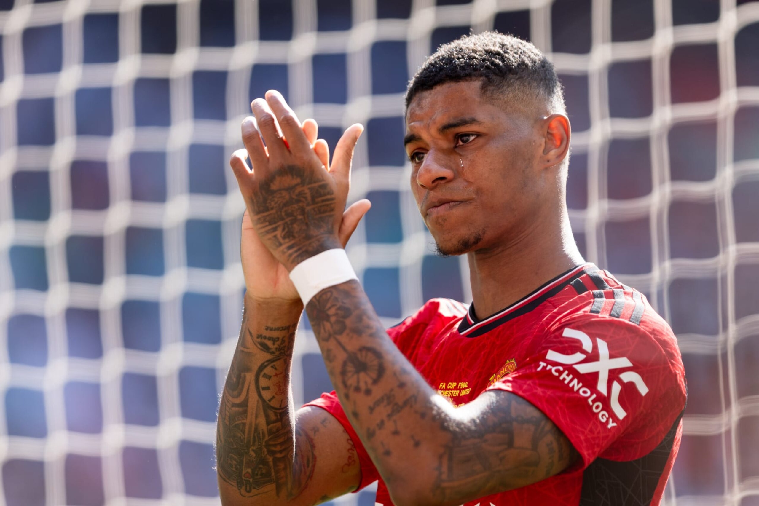 LONDON, ENGLAND - MAY 25: Marcus Rashford of Manchester United applauds the fans after their sides victory during the Emirates FA Cup Final match between Manchester City and Manchester United at Wembley Stadium on May 25, 2024 in London, England.(Photo by Gaspafotos/MB Media/Getty Images)