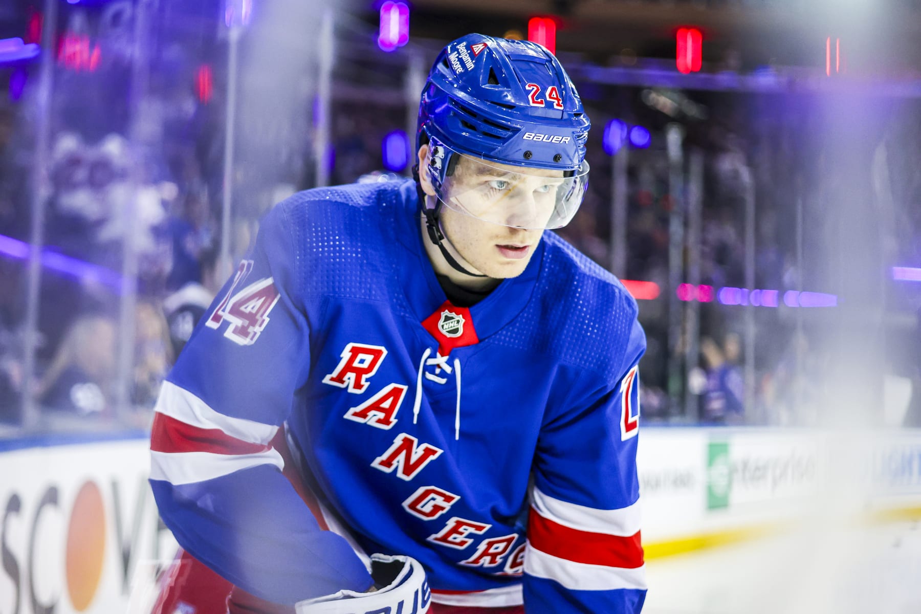NEW YORK, NEW YORK - MAY 05: Kaapo Kakko #24 of the New York Rangers during warm-ups prior to the game against the Carolina Hurricanes in Game One of the Second Round of the 2024 Stanley Cup Playoffs at Madison Square Garden on May 5, 2024 in New York City. (Photo by Jared Silber/NHLI via Getty Images)