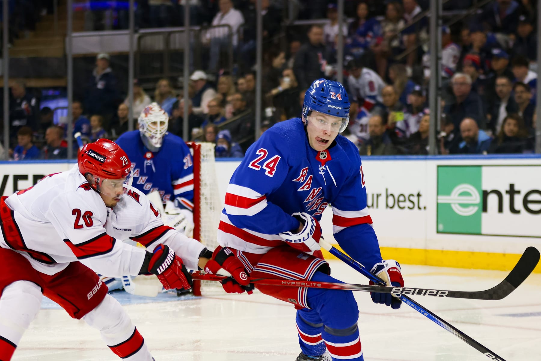 NEW YORK, NY - MAY 05: New York Rangers Right Wing Kaapo Kakko (24) skates against Carolina Hurricanes Center Sebastian Aho (20) during the third period of the National Hockey League Stanley Cup Playoffs Eastern Conference Second Round game between the Carolina Hurricanes and the New York Rangers on May 5, 2024 at Madison Square Garden in New York, NY. (Photo by Joshua Sarner/Icon Sportswire via Getty Images)