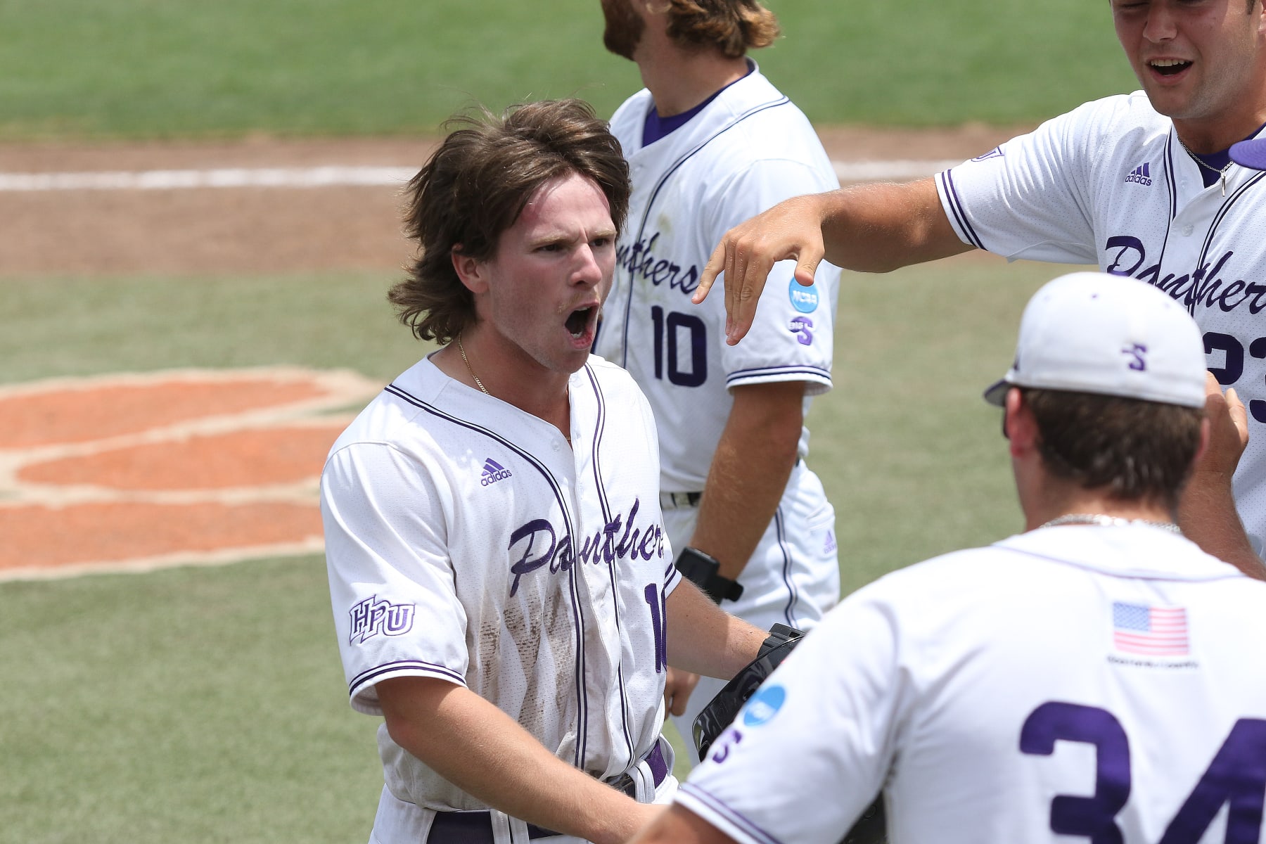 CLEMSON, SC - JUNE 01: High Point Panthers outfielder Konni Durschlag (16) celebrates scoring a run during the NCAA Division 1 Regional College Baseball game between the High Point Panthers and the Vanderbilt Commodores on June 1, 2024, at Doug Kingsmore Stadium in Clemson, S.C. (Photo by John Byrum/Icon Sportswire via Getty Images)
