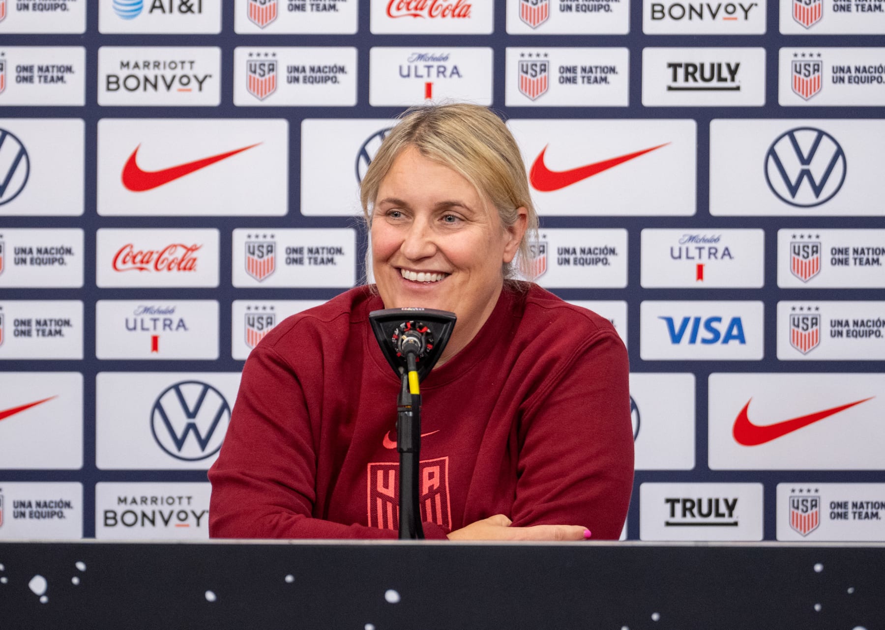 COMMERCE CITY, CO - MAY 31: Emma Hayes of the United States talks to the media before USWNT training at Dick's Sporting Goods Park on May 31, 2024 in Commerce City, Colorado. (Photo by Brad Smith/ISI Photos/USSF/Getty Images for USSF)