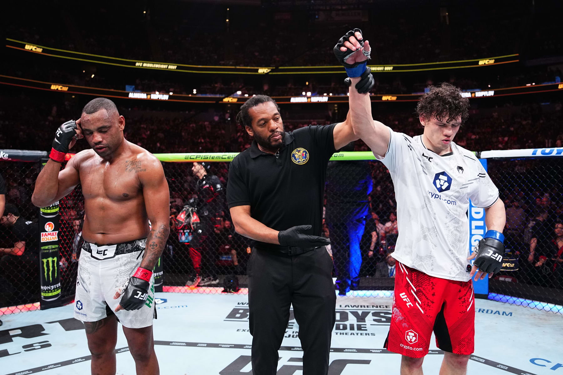 NEWARK, NEW JERSEY - JUNE 01: Roman Kopylov of Russia reacts after his victory against Cesar Almeida of Brazil in a middleweight fight during the UFC 302 event at Prudential Center on June 01, 2024 in Newark, New Jersey. (Photo by Jeff Bottari/Zuffa LLC via Getty Images)