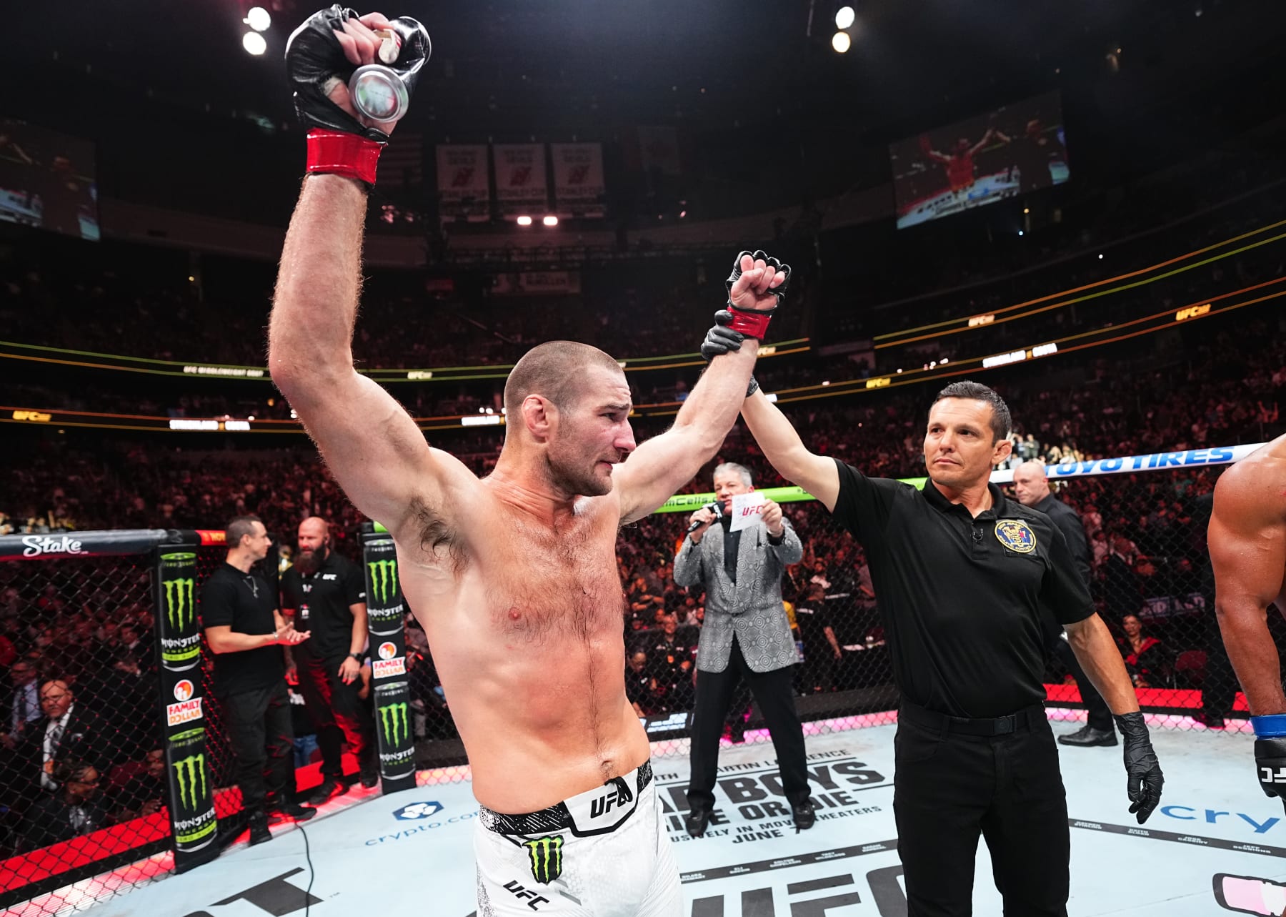 NEWARK, NEW JERSEY - JUNE 01: Sean Strickland reacts after his victory against Paulo Costa of Brazil in a middleweight fight during the UFC 302 event at Prudential Center on June 01, 2024 in Newark, New Jersey. (Photo by Jeff Bottari/Zuffa LLC via Getty Images)